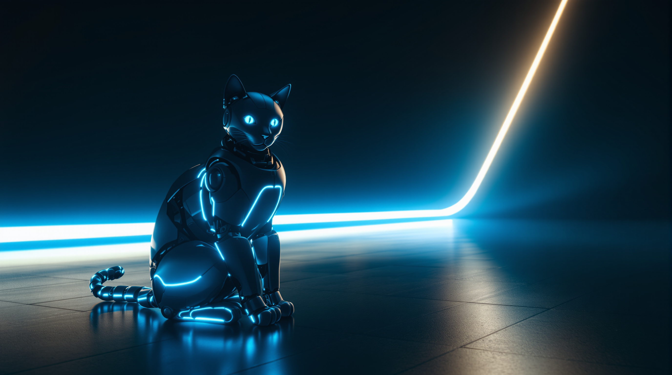 A single robot cat with dark navy plating and bright cyan glowing seams sits upright in the classic cat pose on a dark reflective floor, its segmented tail curled beside it and its cyan eyes turned toward the camera, while behind it a level cyan line of light runs across the frame and a warm amber line branches away from it and climbs toward the top right corner