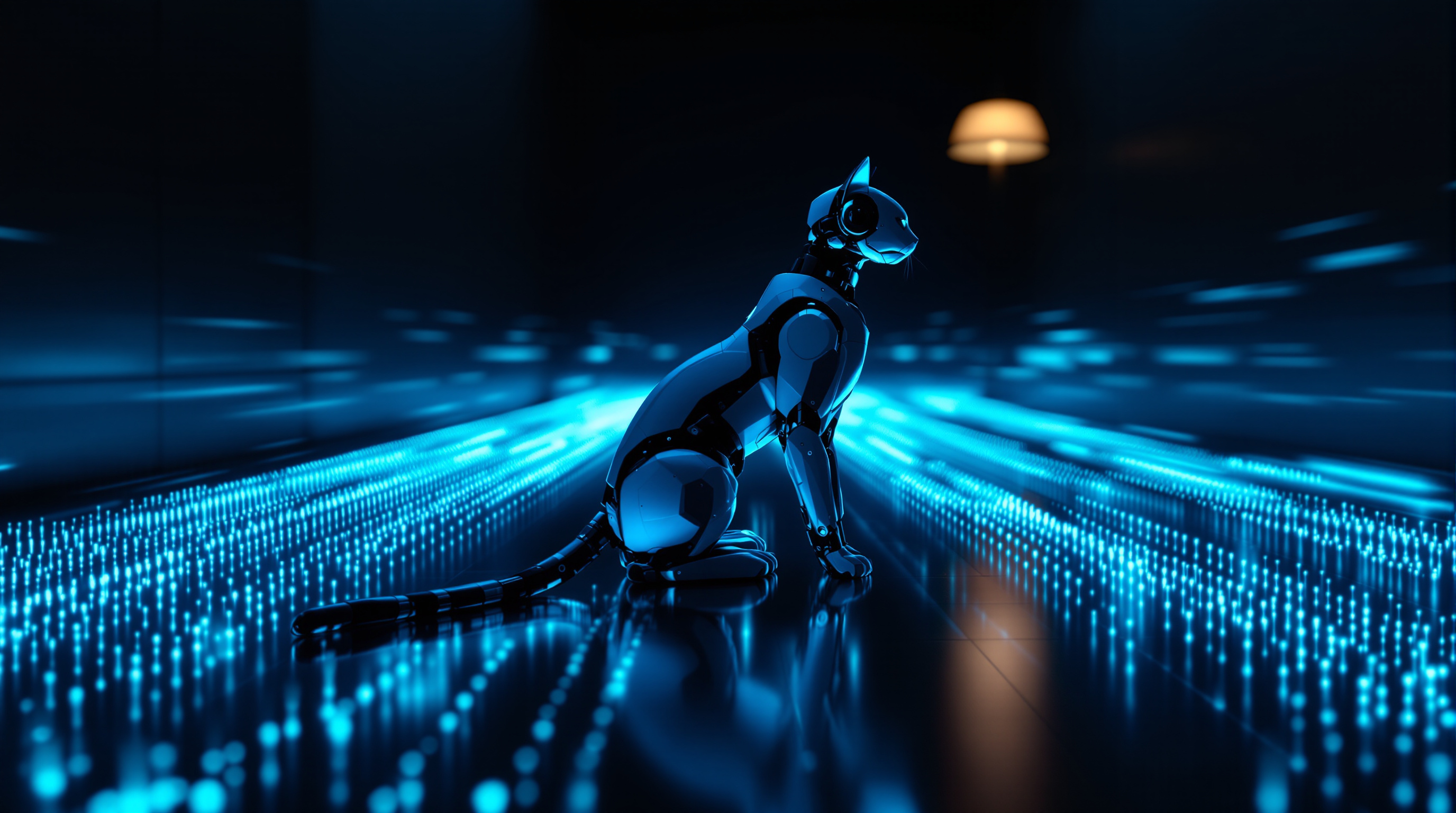 A single robot cat with pale plating and a long segmented tail sits in profile and completely still on a dark reflective navy floor, while a dense field of small cyan lights streams past it in both directions and blurs with motion, one small warm amber lamp glowing on the far wall