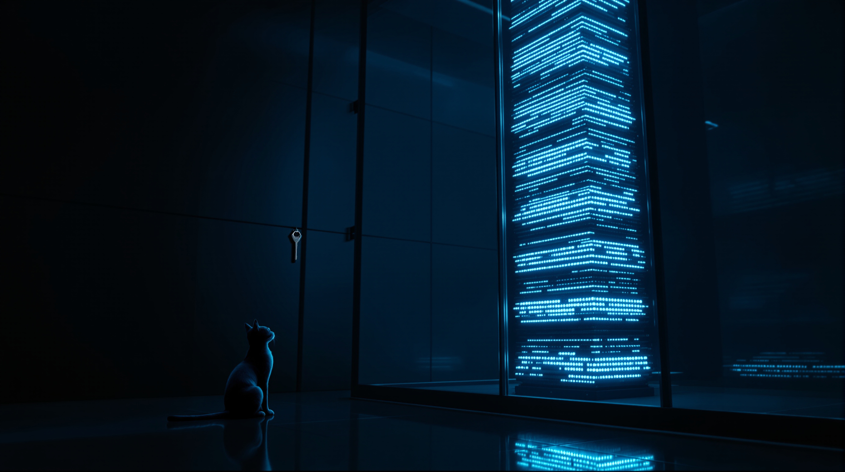 A cat silhouetted in a dark vault chamber looking up at a single key hanging on the wall, while a towering column of glowing cyan data rises behind a thick glass partition