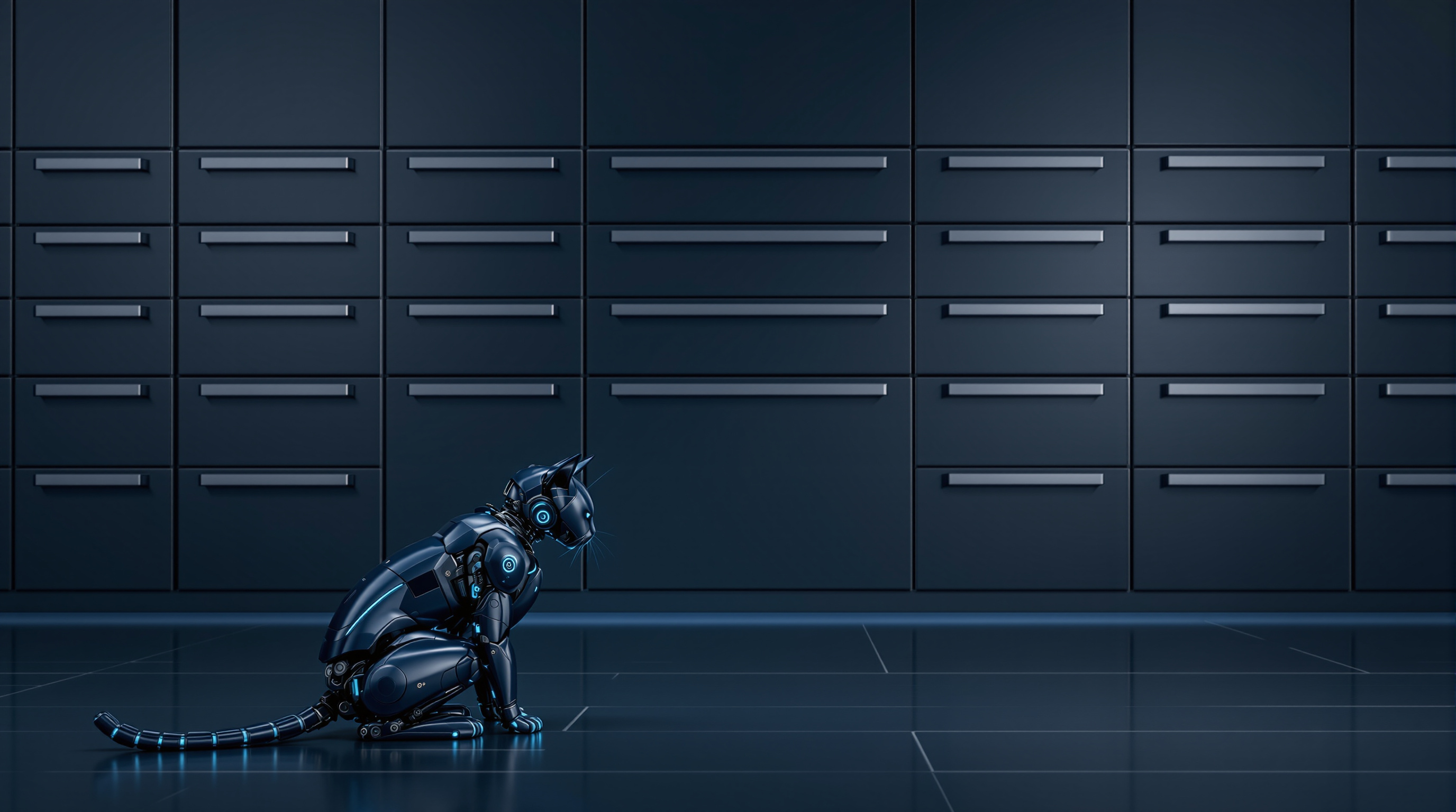 A black robot cat sits low in profile with its head dipped toward a deep navy wall of shallow steel drawers that fills the frame