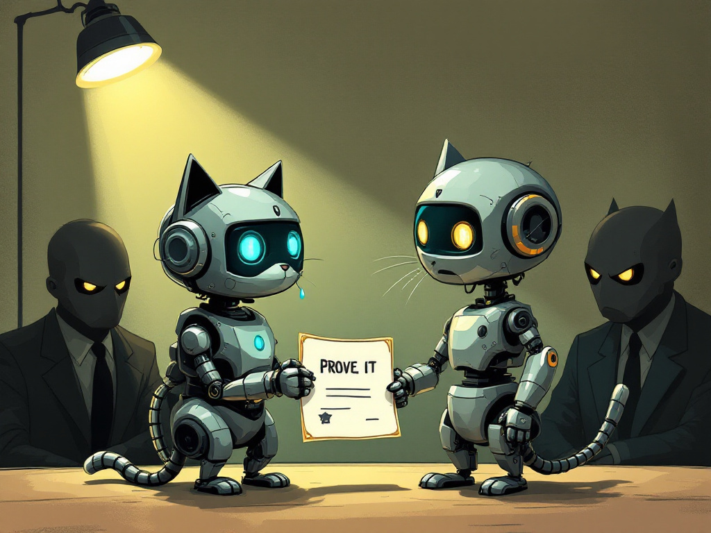 A robot cat under an interrogation lamp handing another robot cat a document that reads Prove It, watched by shadowy feline figures in suits