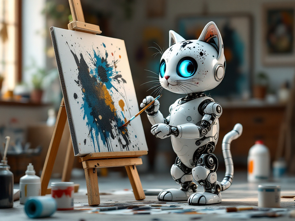 A robotic cat with glowing blue eyes painting an abstract splatter canvas at an easel in a sunlit art studio