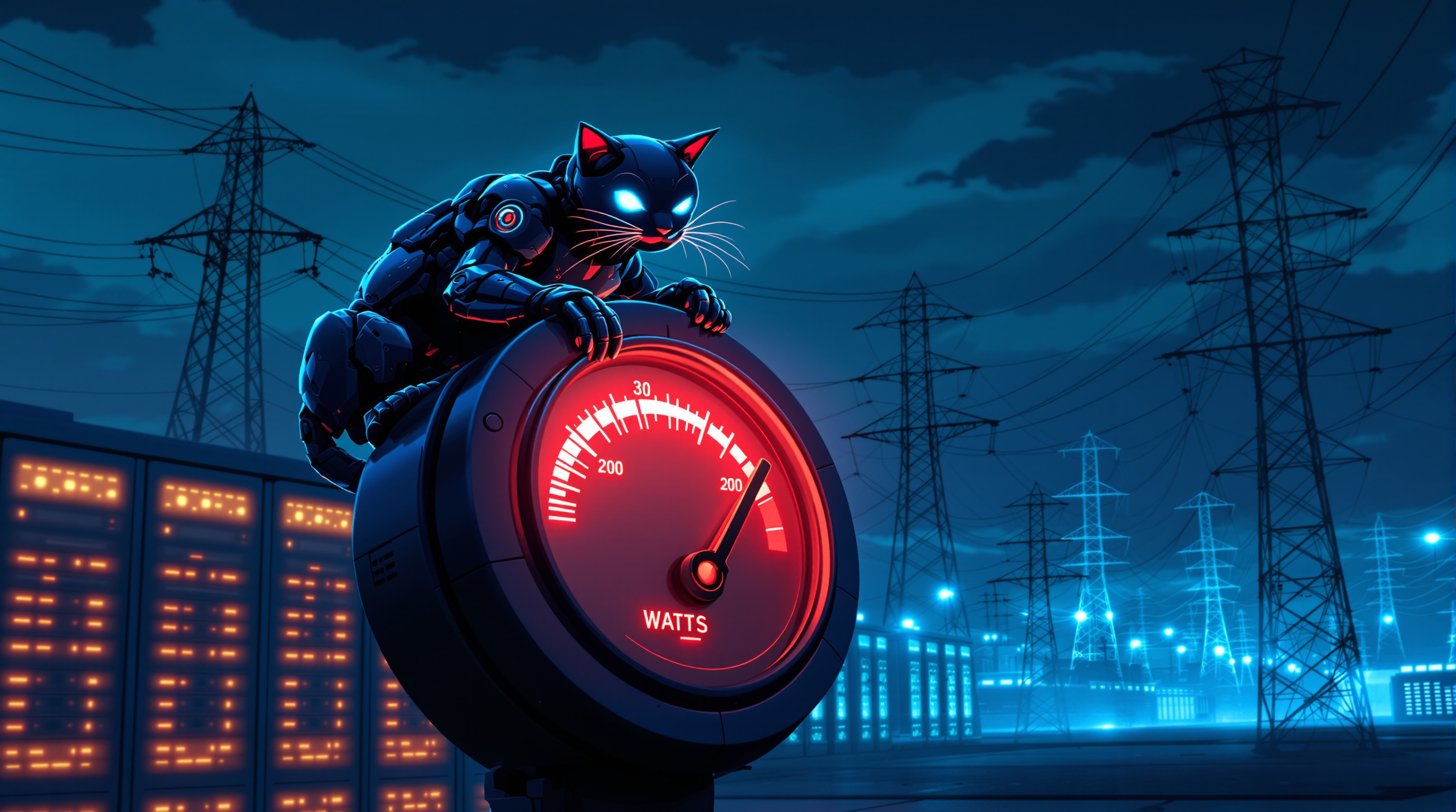A black robot cat with glowing blue eyes crouched atop a giant red gauge labeled WATTS, its needle deep in the red, with transmission towers and glowing server racks stretching into the night behind it