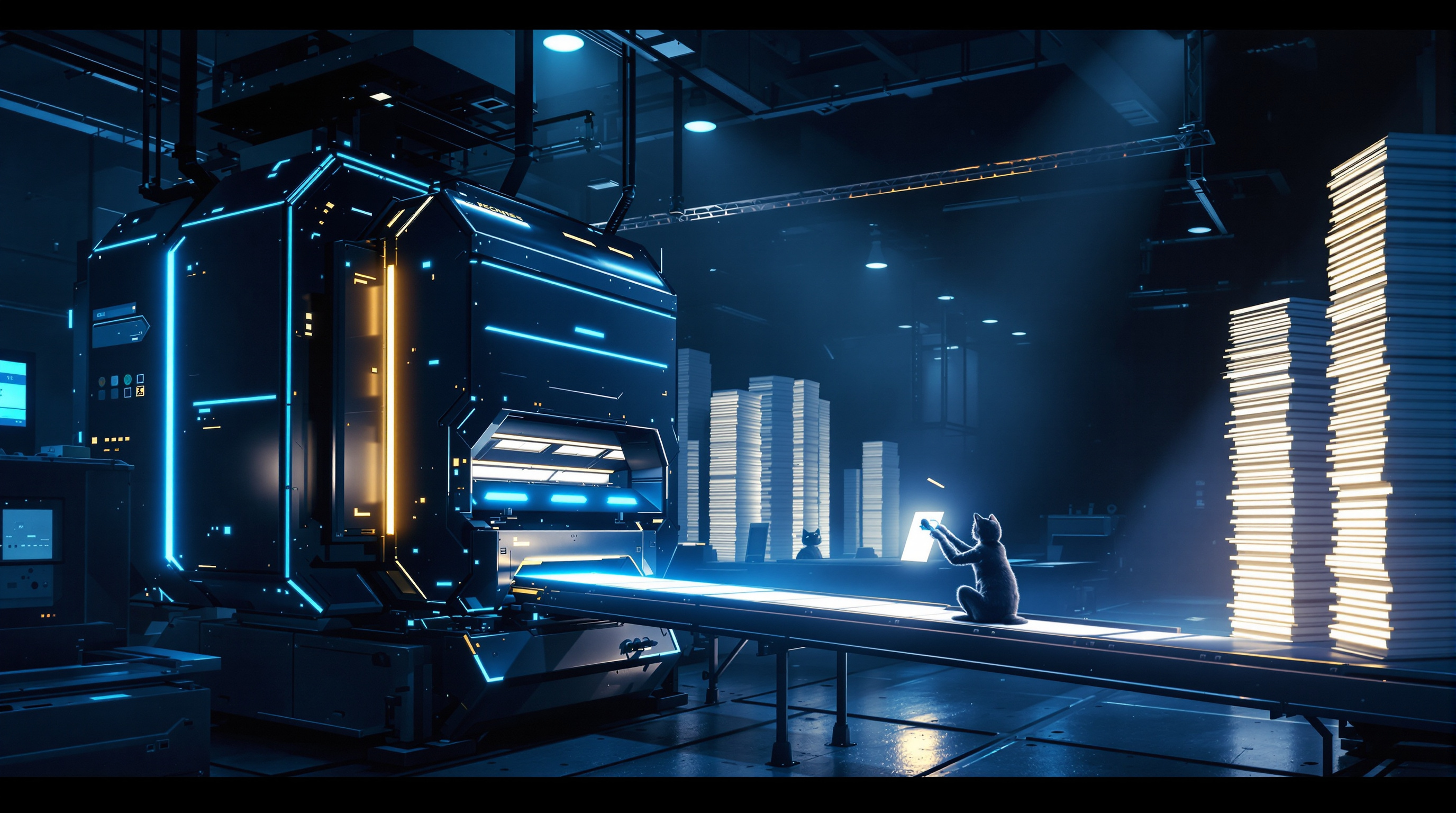 A cat perched on a glowing conveyor belt holding a luminous page up for inspection beside a massive industrial content machine, with towering stacks of glowing pages filling the dark factory floor