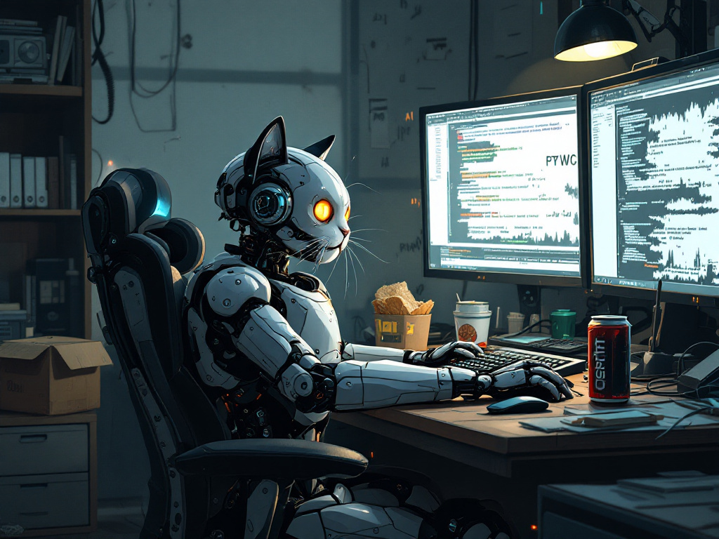 A robot cat grinding out code at a cluttered desk across two monitors, energy drink at hand