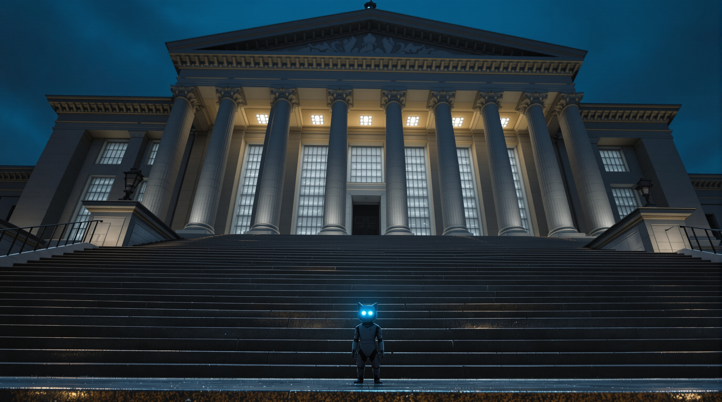 A small robot cat with glowing cyan eyes standing alone at the foot of the vast floodlit steps of a monumental civic building at night, dwarfed by its columns