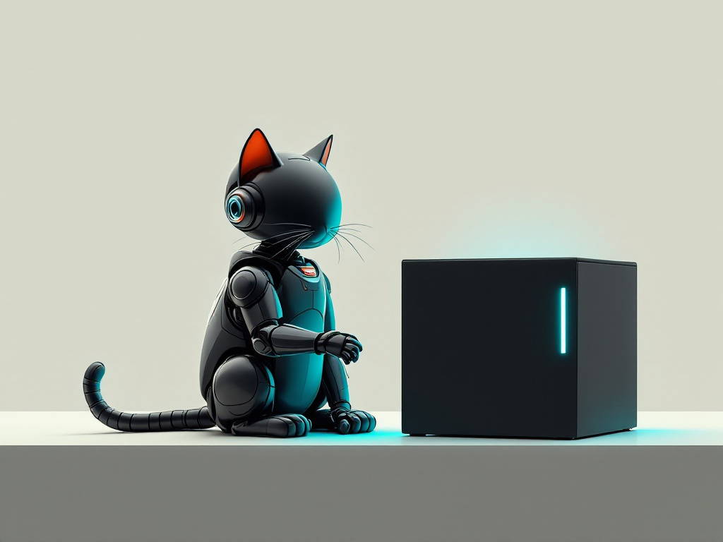 A matte-black robot cat with a glowing cyan eye and orange inner ears sits upright on a pale counter beside a sealed black cube marked with a single vertical bar of cyan light, cyan glow pooling underneath both