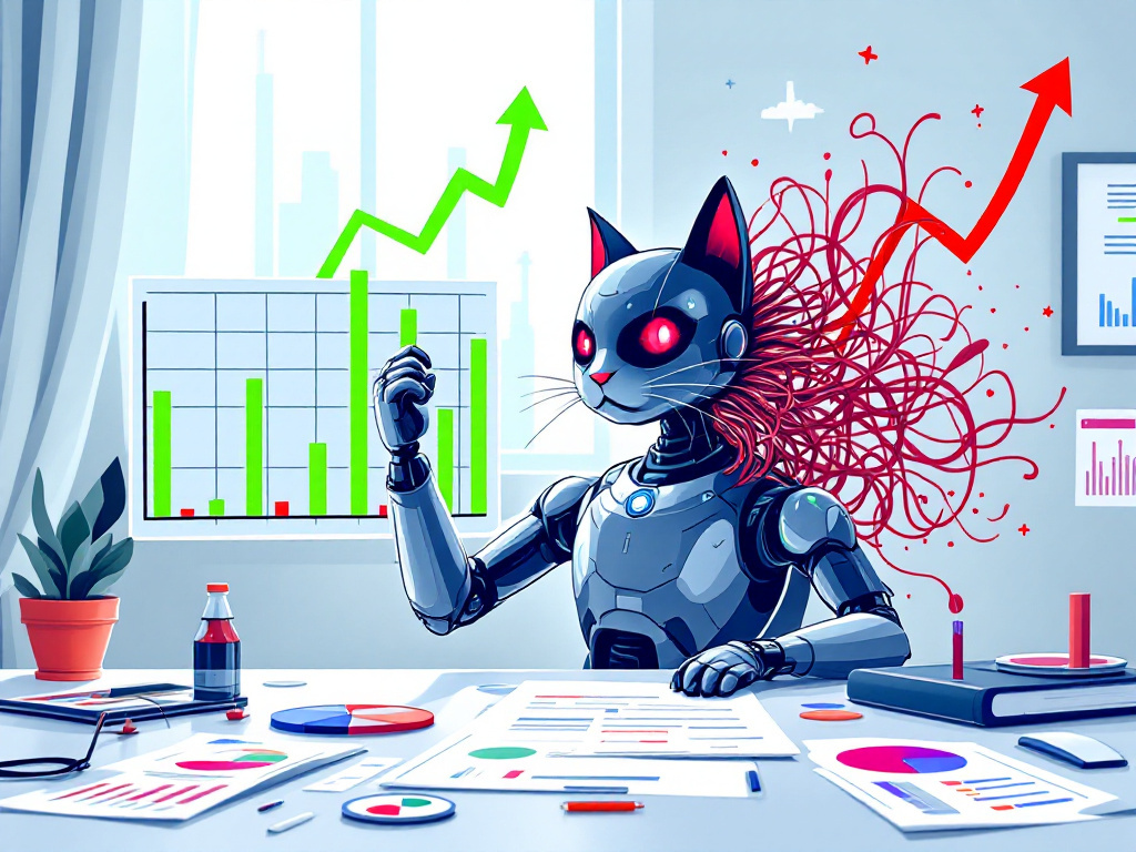 A robot cat with glowing red eyes presenting a soaring green sales chart while a chaotic tangle of red wires erupts from behind it, desk buried in conflicting pie charts and reports