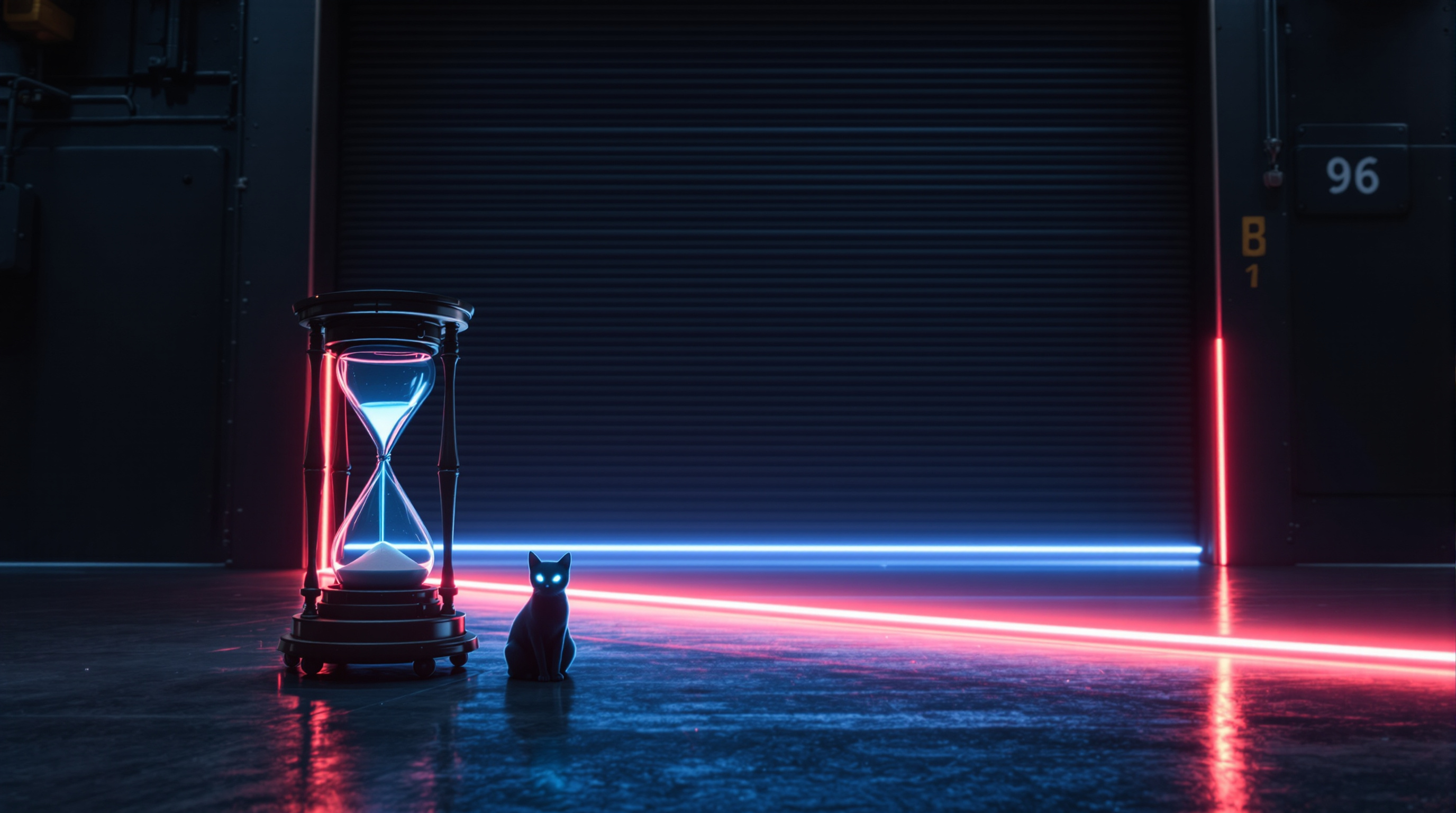 A small cat silhouette with glowing cyan eyes sits on a wet concrete floor beside a tall ornate hourglass whose sand has almost finished running out, in front of a closed industrial roller door edged with blue and red neon light