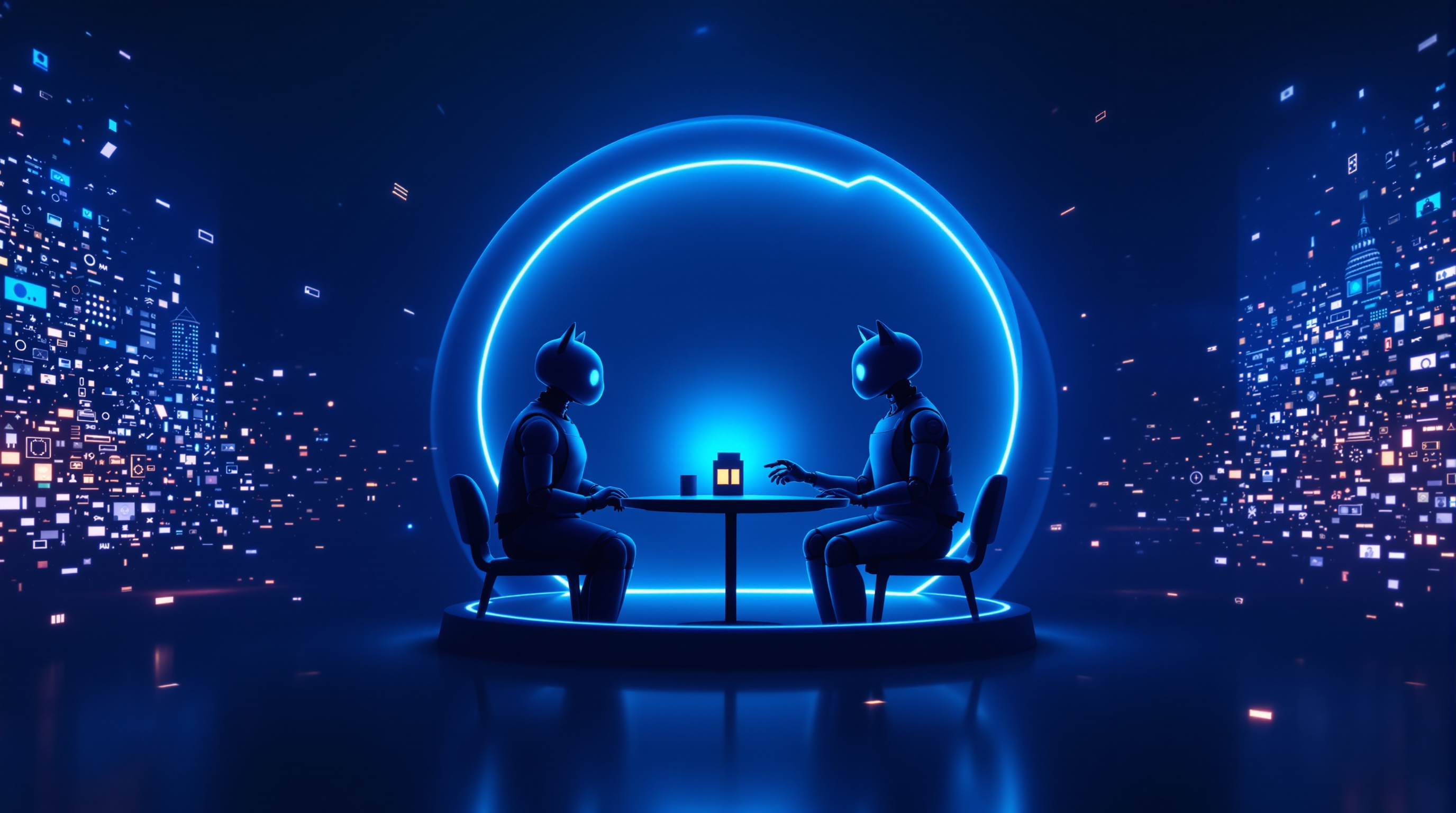 Two robot cats seated at a small table inside a giant glowing speech-bubble ring, a single glowing lantern between them, while walls of tiny scattered ad tiles glitter in the darkness on either side