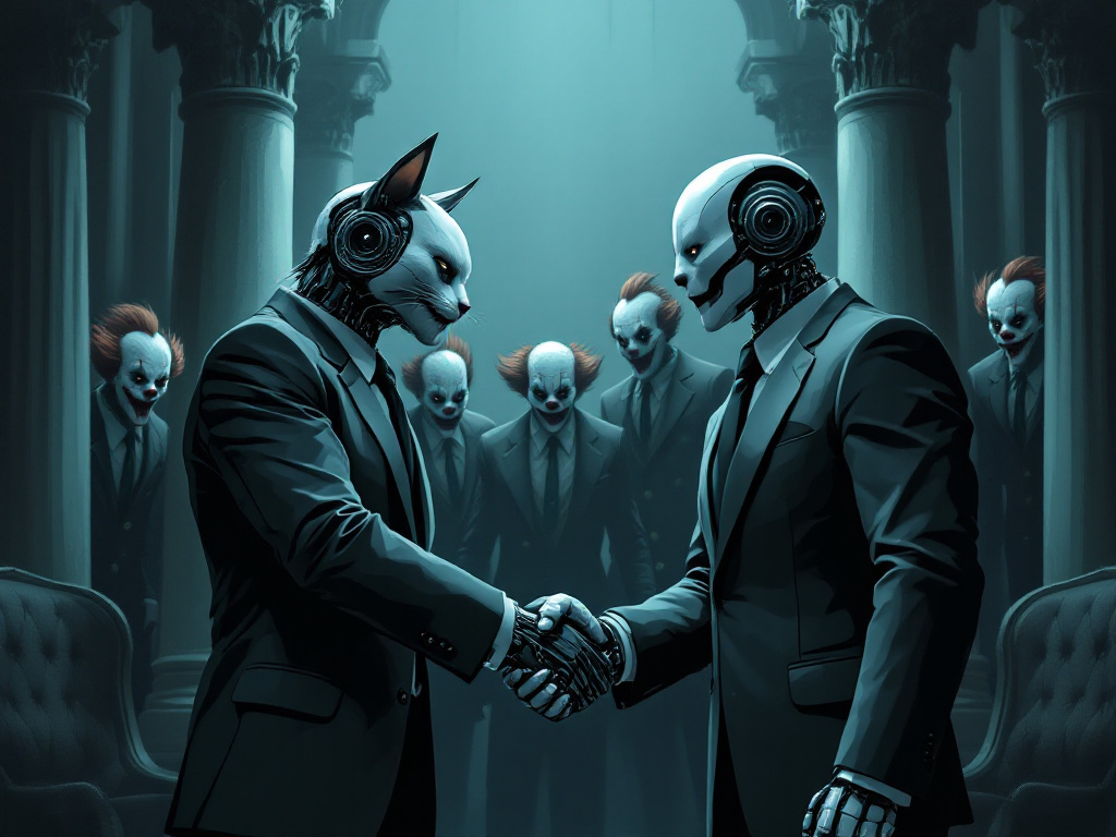 Two robot cats in suits shaking hands in a dim columned hall while a crowd of grinning clowns in suits looks on