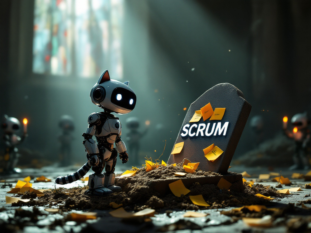 A robot cat standing at a graveside vigil before a tombstone reading SCRUM, covered in sticky notes