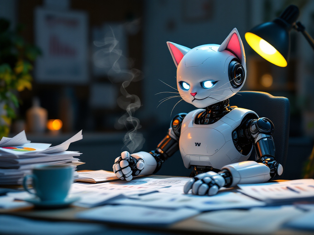 A robot cat at a paper-strewn desk under a warm lamp, coffee going cold, brooding over a stack of reports as smoke curls up from its paw