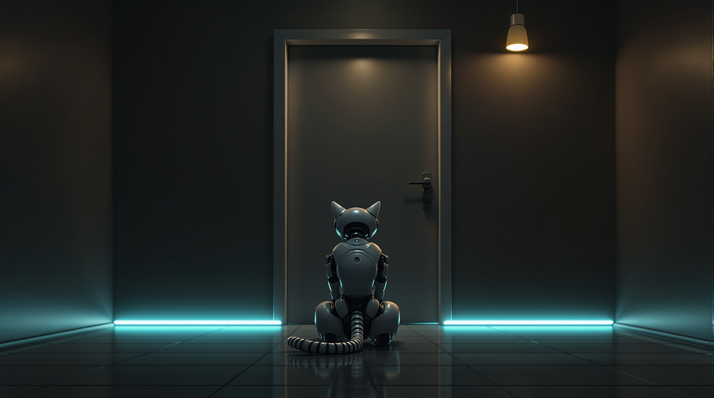 A single robot cat sits upright with its back to the viewer in a dim empty room, tail curled on the polished floor, facing a plain closed door with a thin strip of cyan light glowing along the skirting on both sides and one warm amber pendant lamp hanging to the right