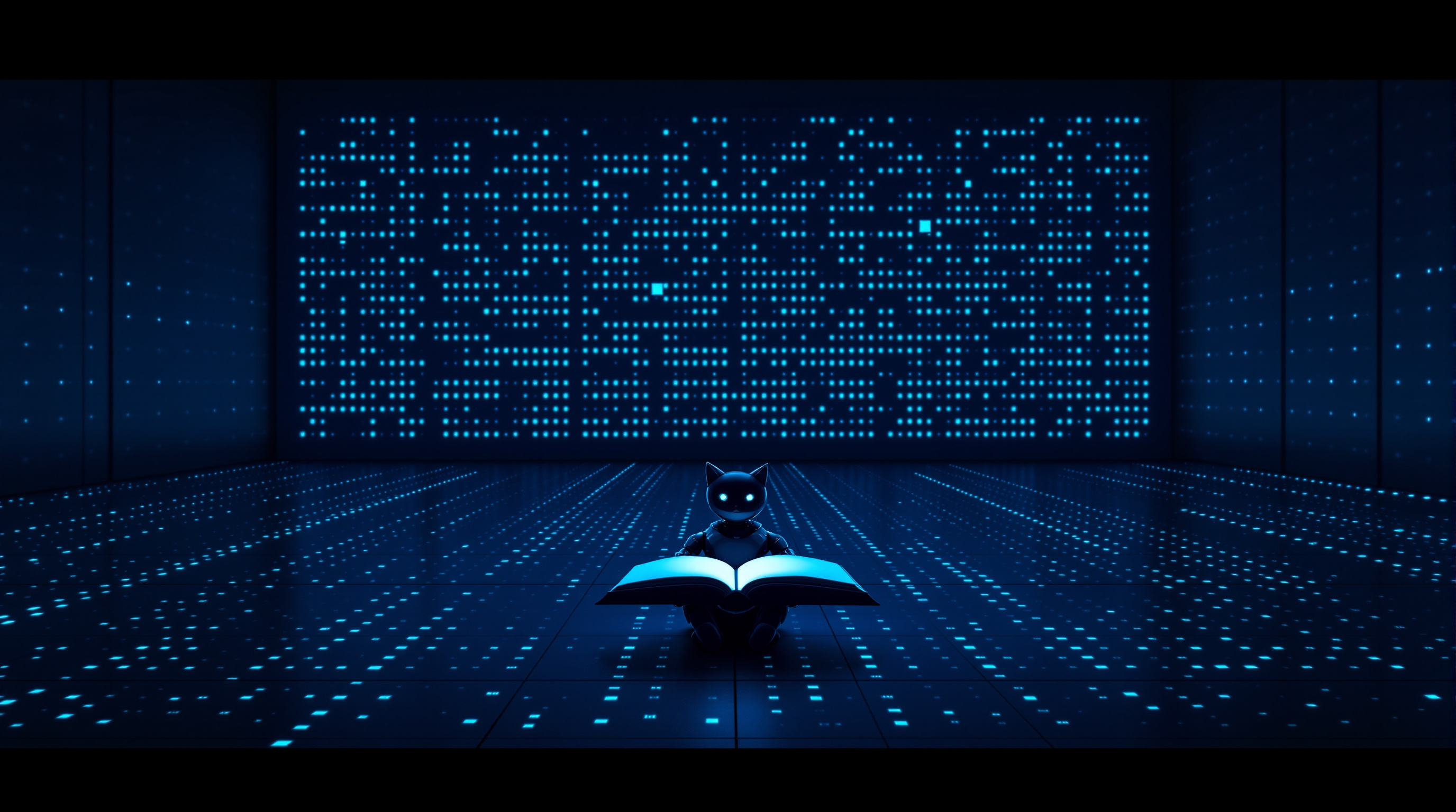 A small matte-navy robot cat sitting alone on a dark floor with a glowing open book in front of it, facing a vast wall of cyan indicator lights, the floor stretching away in endless receding rows of small glowing cyan panels