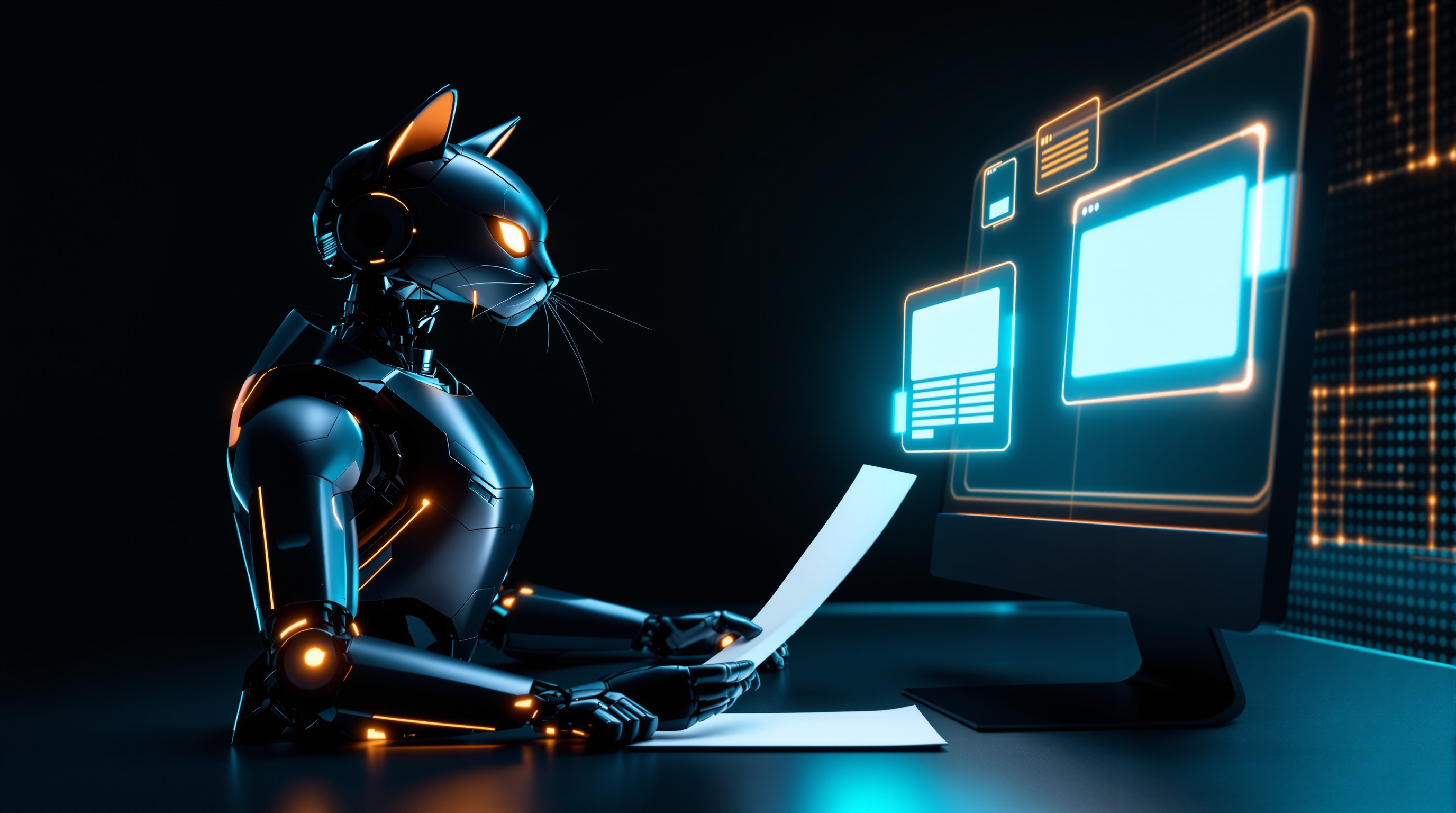 A sleek black robot cat seated at a desk holding a printed sheet in both paws, studying a glowing holographic display of campaign panels floating above a monitor in a dark room