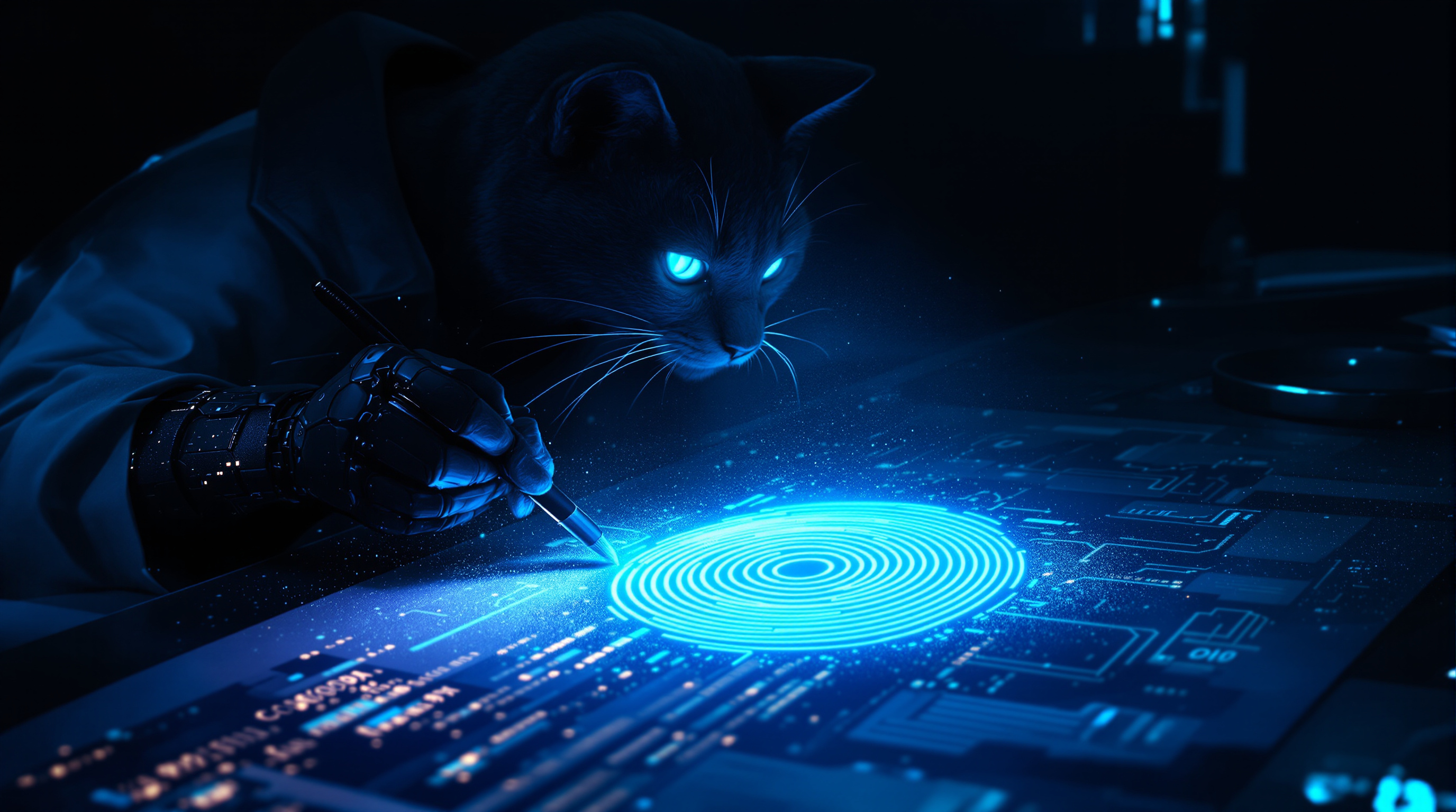 A robot cat investigator in a coat, cybernetic paw holding a stylus, leaning over a dark console to examine a giant glowing circular fingerprint made of concentric cyan rings