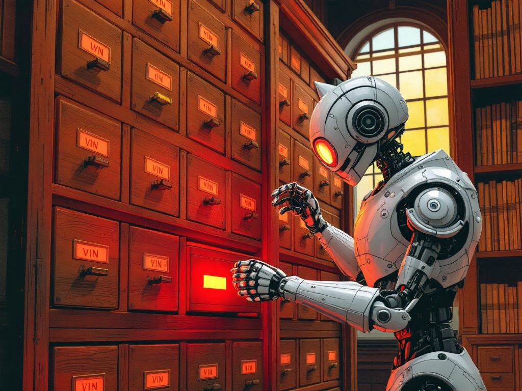 A robot cat librarian in a wood-paneled library filing through a wall of card-catalog drawers labeled VIN, one open drawer glowing red