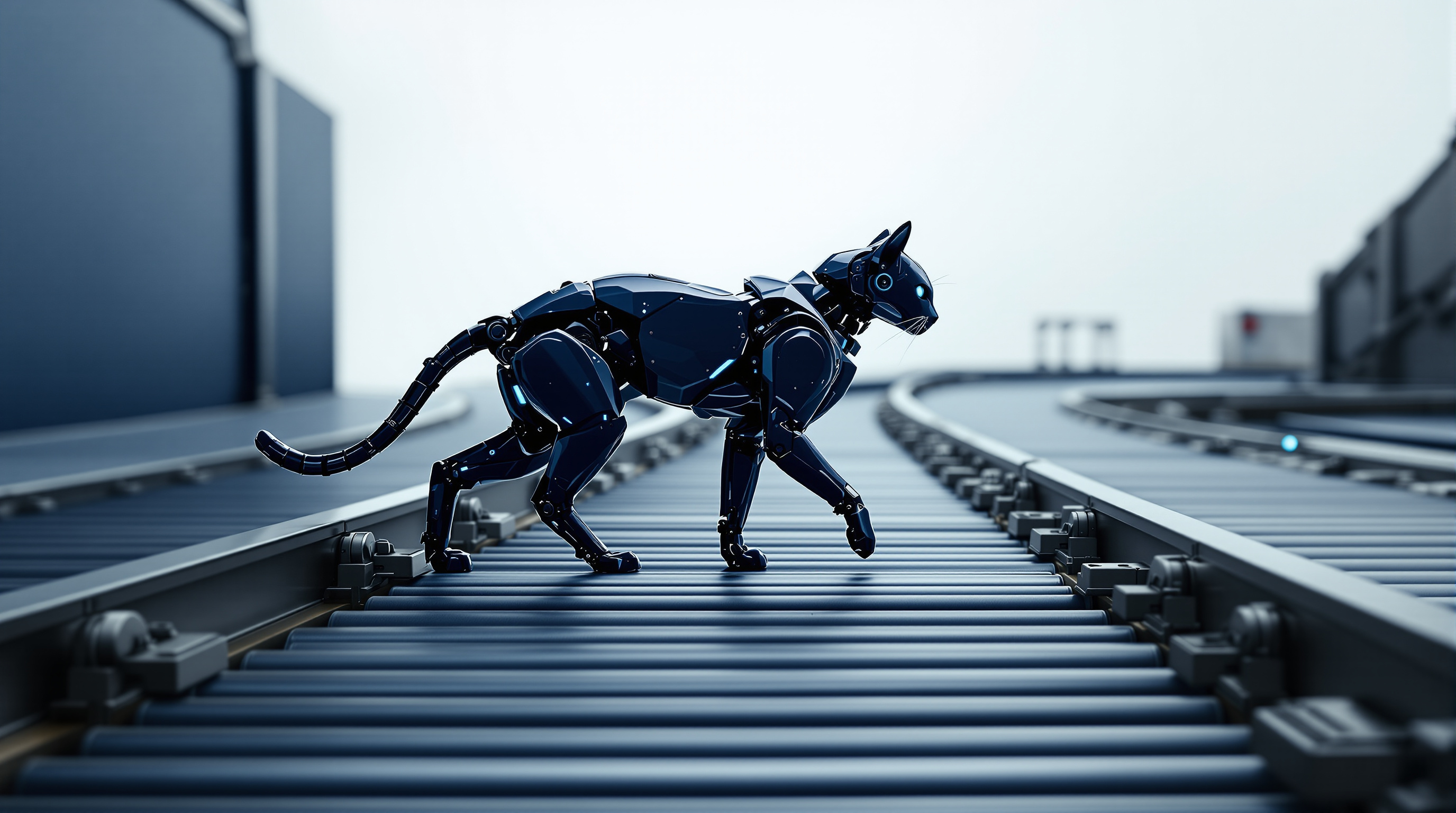A dark navy robot cat with cyan edges in a conveyor run of steel rollers curving away between guide rails