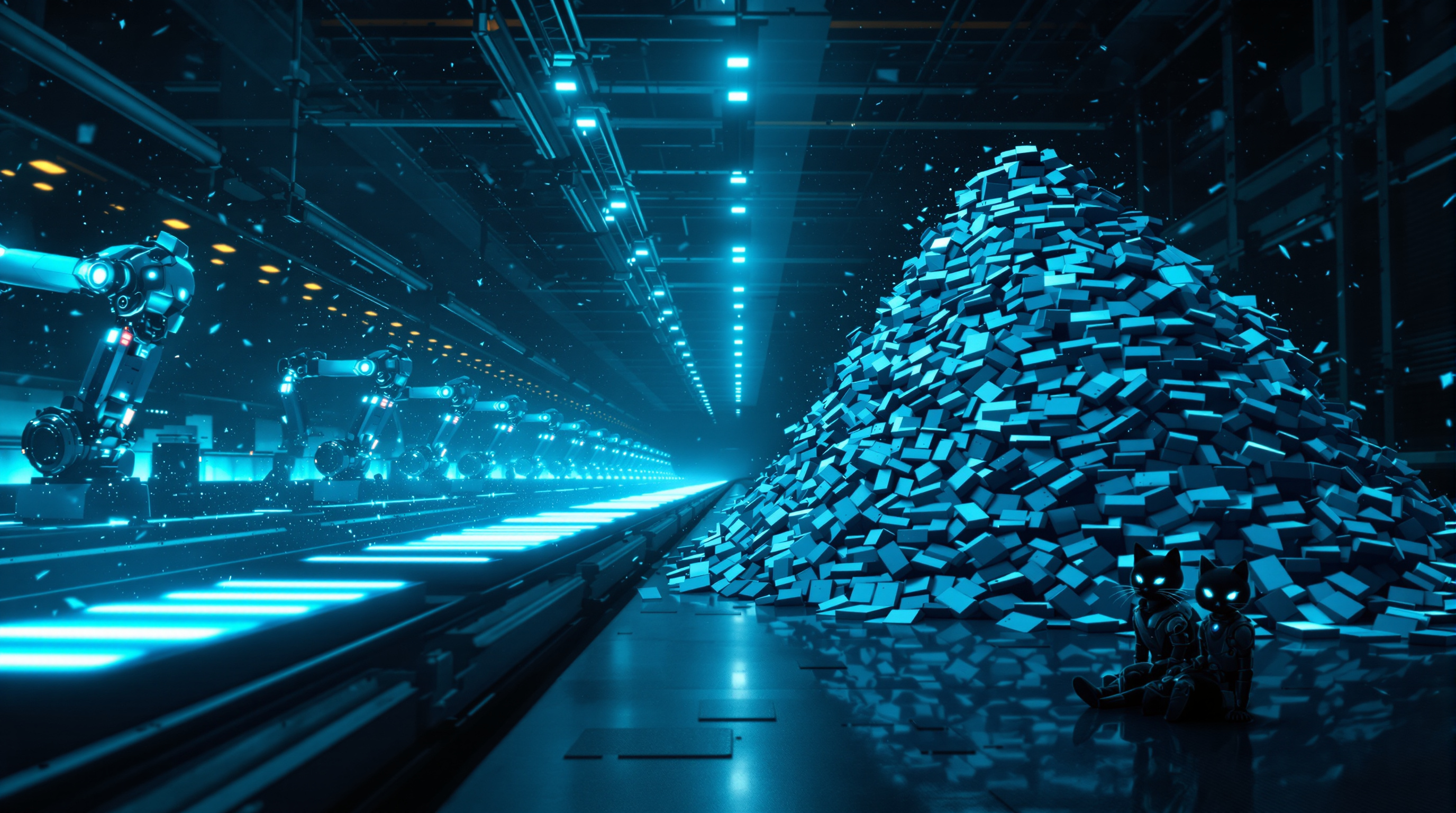 An endless automated production line racing down one side of a dark factory while an enormous mountain of glowing output panels piles up on the other, with two small robot cats sitting at its base