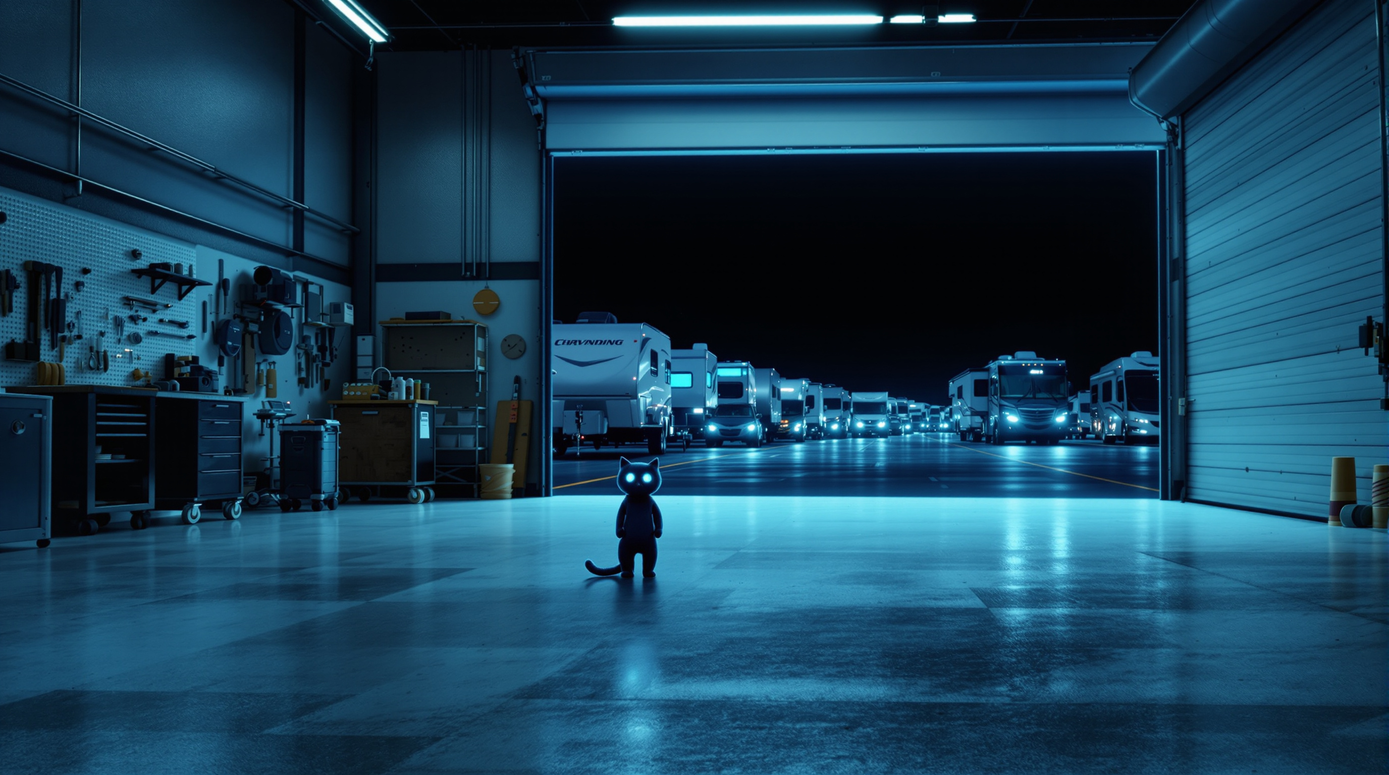 An empty, immaculate RV service bay at night with tools racked on the pegboard and no vehicle in it, while beyond the open roll-up door two lines of RVs and travel trailers wait nose to tail with their headlights on, and a small robot cat with glowing cyan eyes stands alone on the shop floor facing the queue