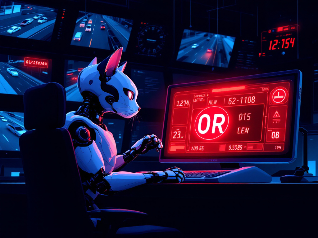 A robot cat at a surveillance control desk, walls of traffic-camera monitors glowing behind it as a red license plate alert fills its screen