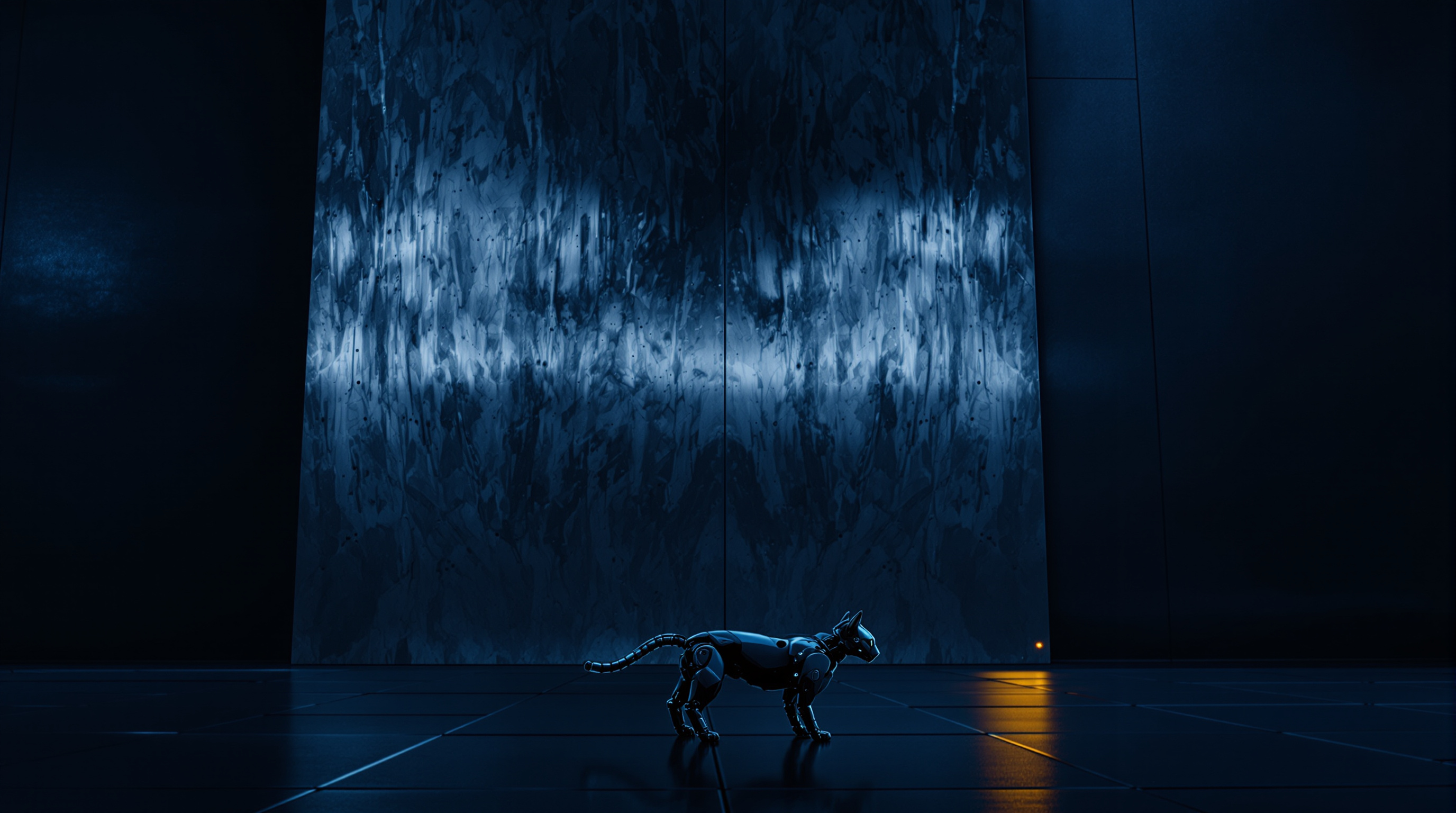 A small robot cat stands in profile on a dark navy floor facing right, dwarfed by an enormous dark slab of streaked plating towering behind it, with a single small amber glow low at the right edge