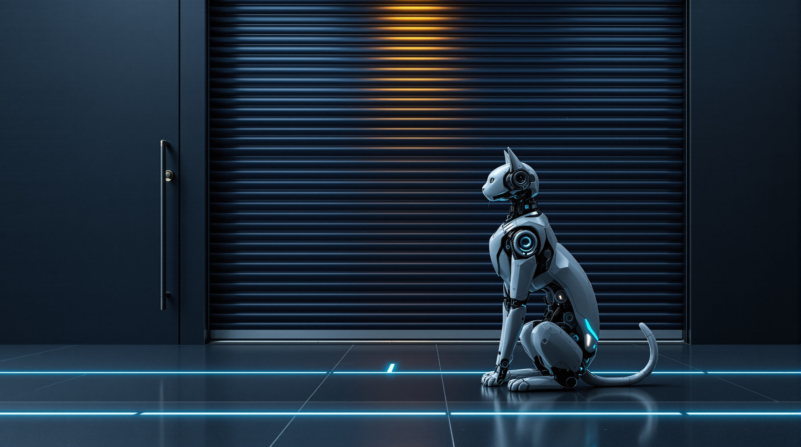 A single pale robot cat sits in profile on a dark reflective navy floor facing a tall closed navy roller shutter, with a thin band of warm amber light leaking through the shutter slats near the top and two cyan light strips running across the floor