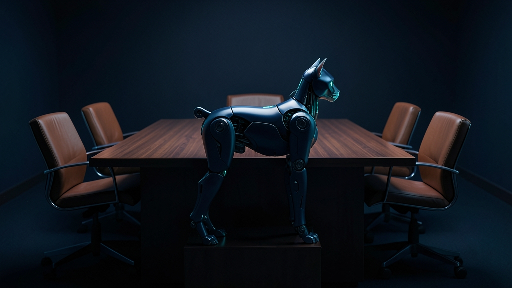 A dark navy robot cat with cyan edges in a long table set for a weekly meeting with one empty chair