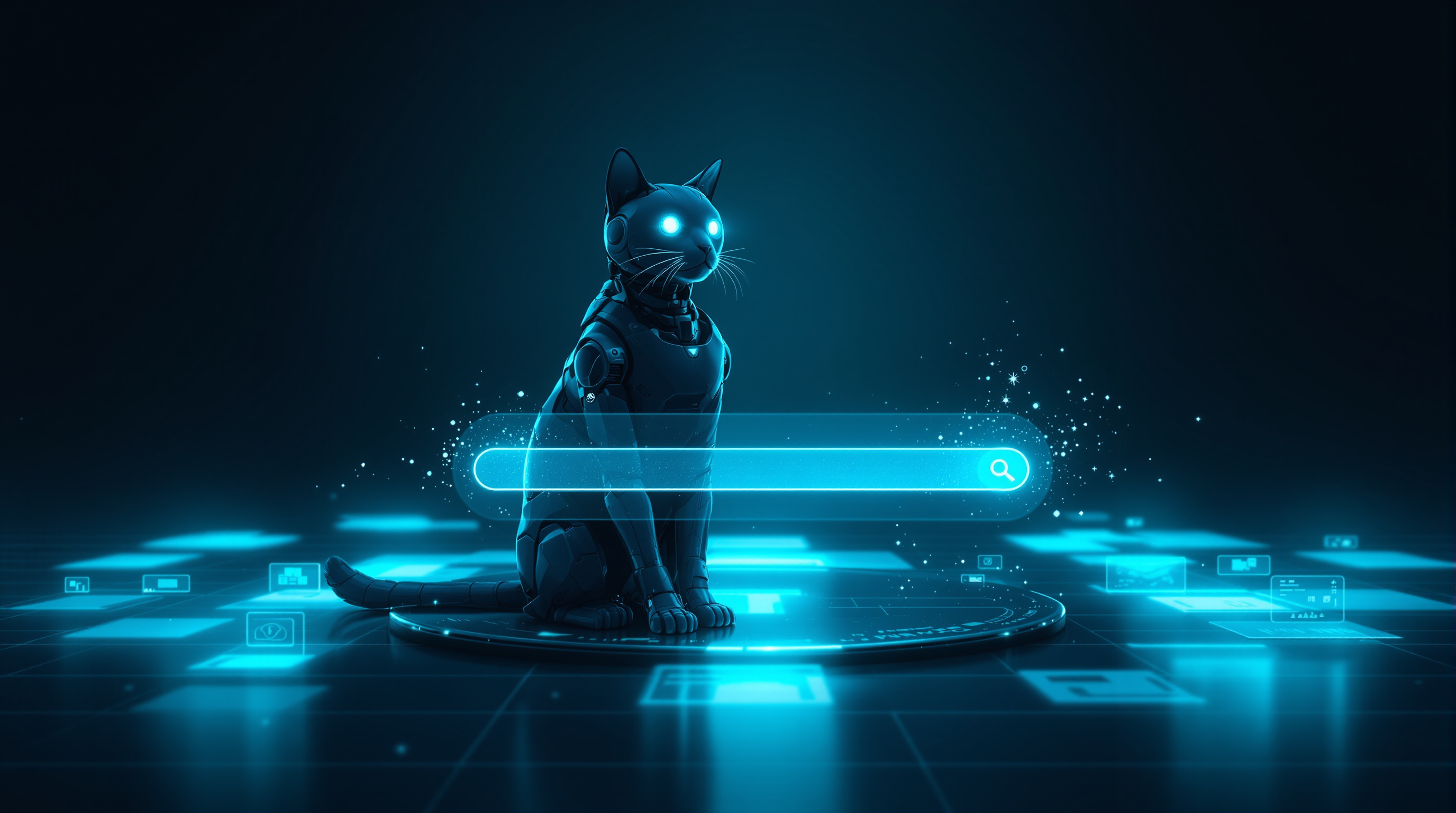 A sleek robot cat with glowing cyan eyes sitting beside a floating holographic search bar on a dark grid of glowing website panels