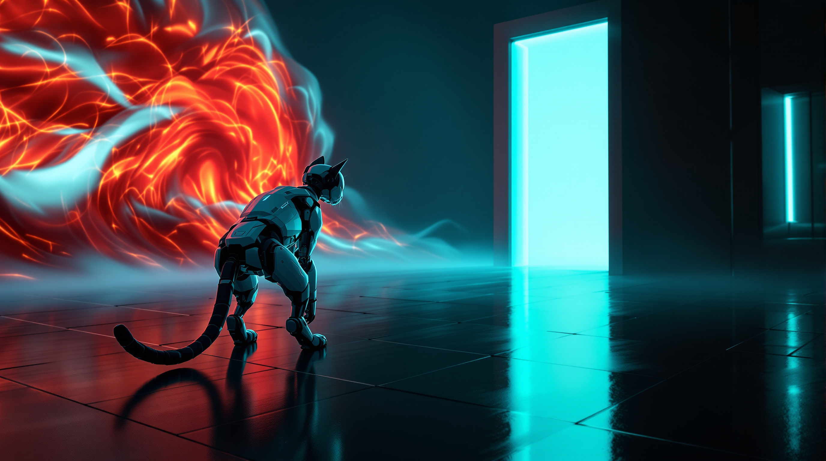 A single robot cat with dark plating and cyan seams stands braced and low on a dark reflective floor with its back to the viewer and its segmented tail out for balance, facing a churning wall of red-orange light that has already spilled into the room on the left, while a tall doorway on the right stands wide open and glowing cyan