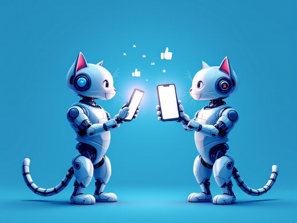 Two robot cats facing each other, each holding up a glowing blank phone, a small cloud of thumbs-up icons floating between them