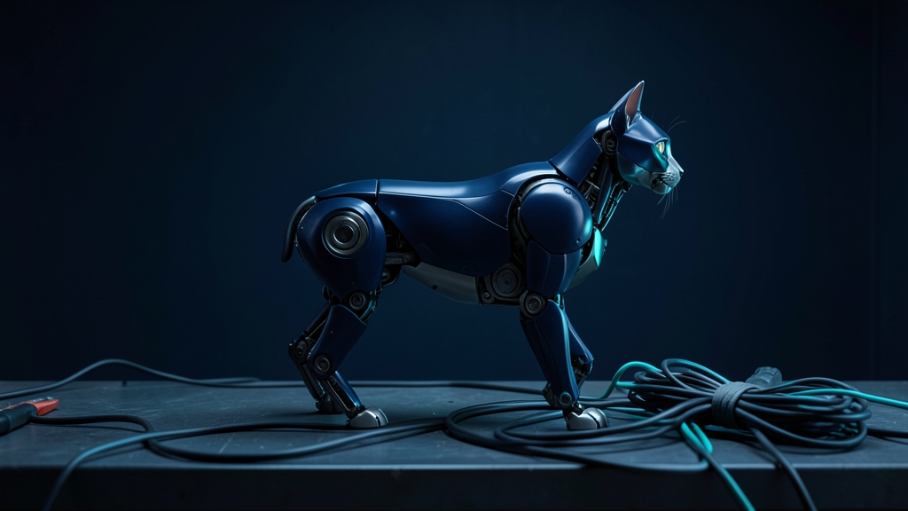 A dark navy robot cat with cyan edges in a workbench covered in loose cables being gathered into one bundle