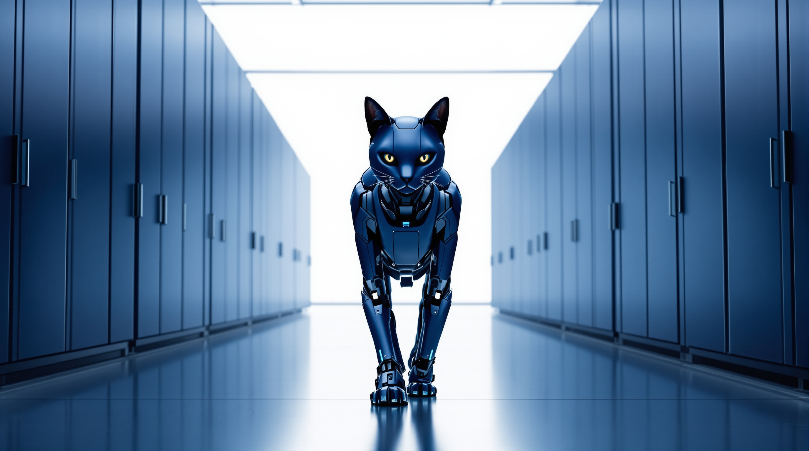A black robot cat with pale cyan eyes walks straight toward the camera down a narrow aisle between tall navy equipment cabinets, a bright open doorway at the far end behind it