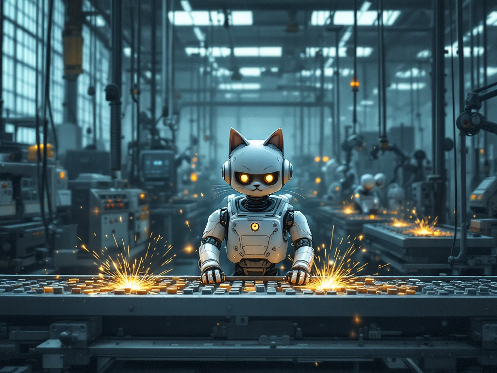 A robot cat working a factory assembly line, sparks flying from the conveyor as identical parts stream past