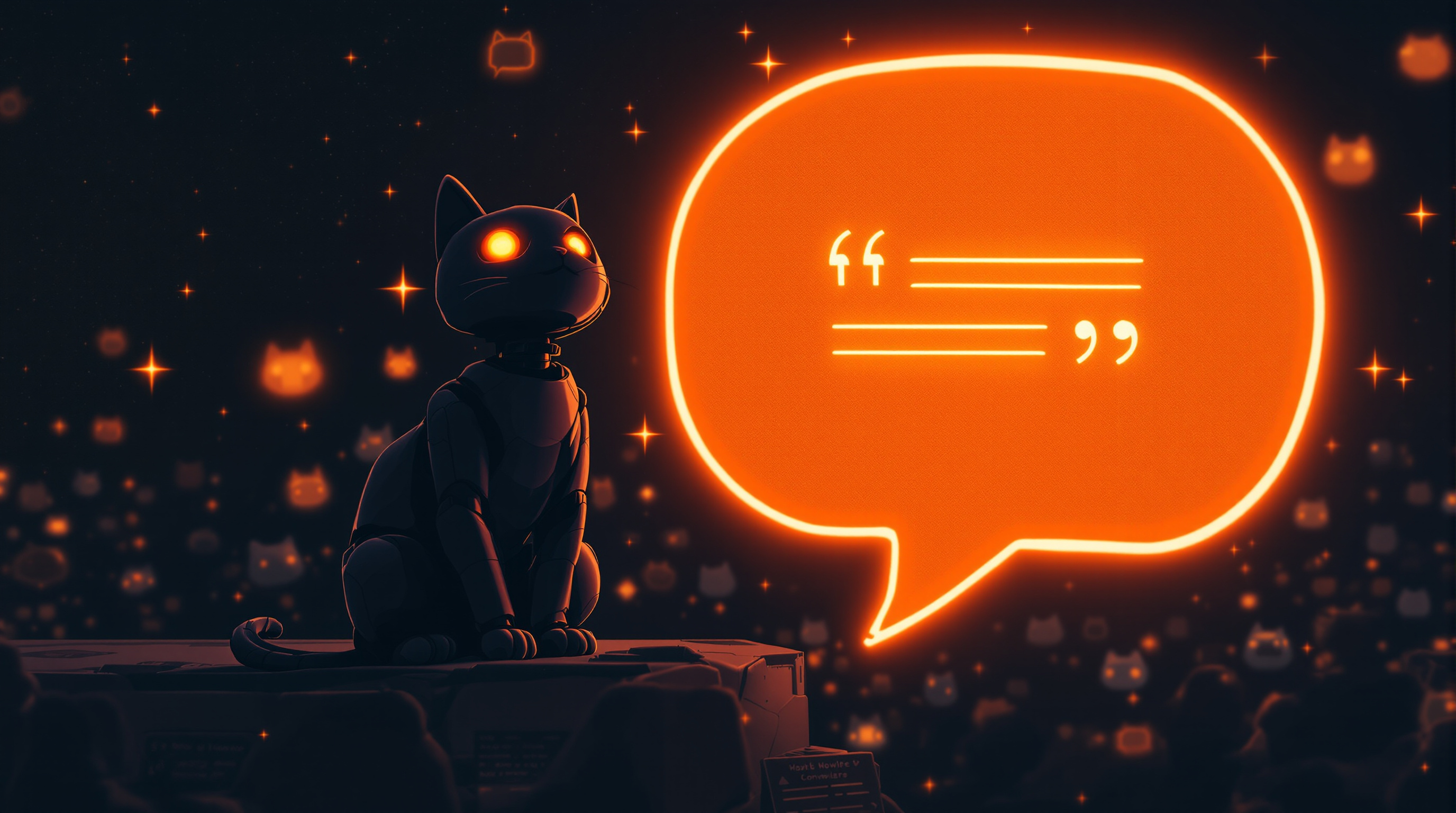 A robot cat gazing up at a giant glowing orange speech bubble filled with quotation marks, under a night sky scattered with tiny glowing cat avatars