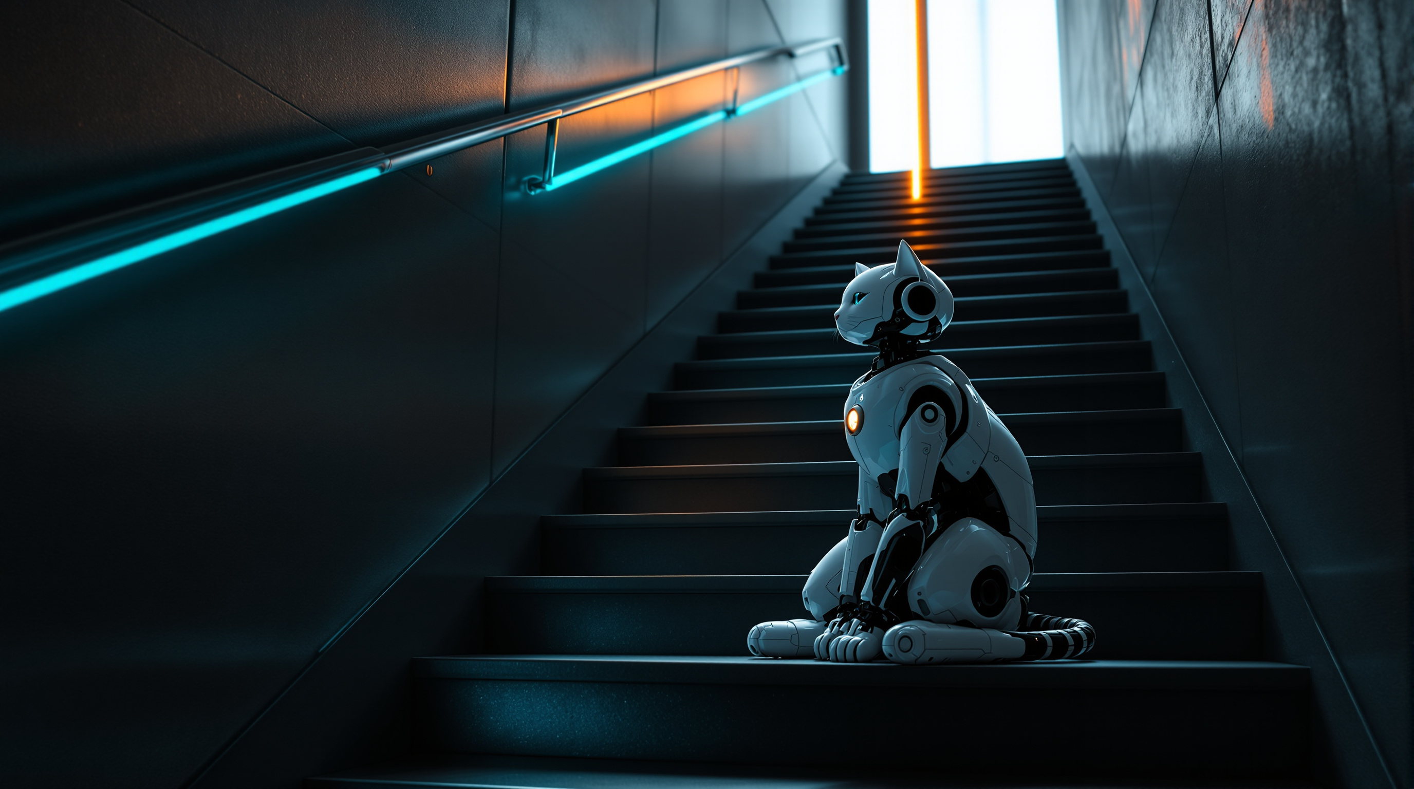A single robot cat with pale plating sits in the classic cat pose partway up a dim concrete stairwell, tail curled beside it, looking up toward a bright doorway at the top, with a cyan light strip running the length of the handrail and one warm amber shaft falling down the treads