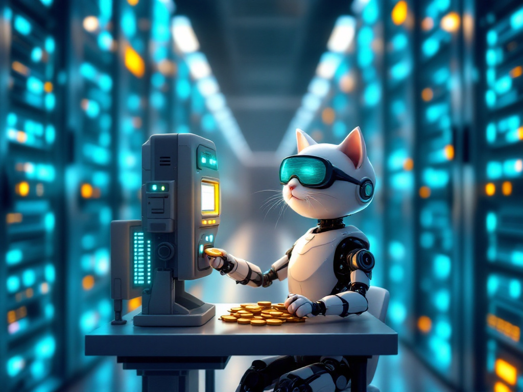 A robot cat in VR goggles feeding a gold coin into a terminal at a desk stacked with coins, deep in a glowing data-center aisle