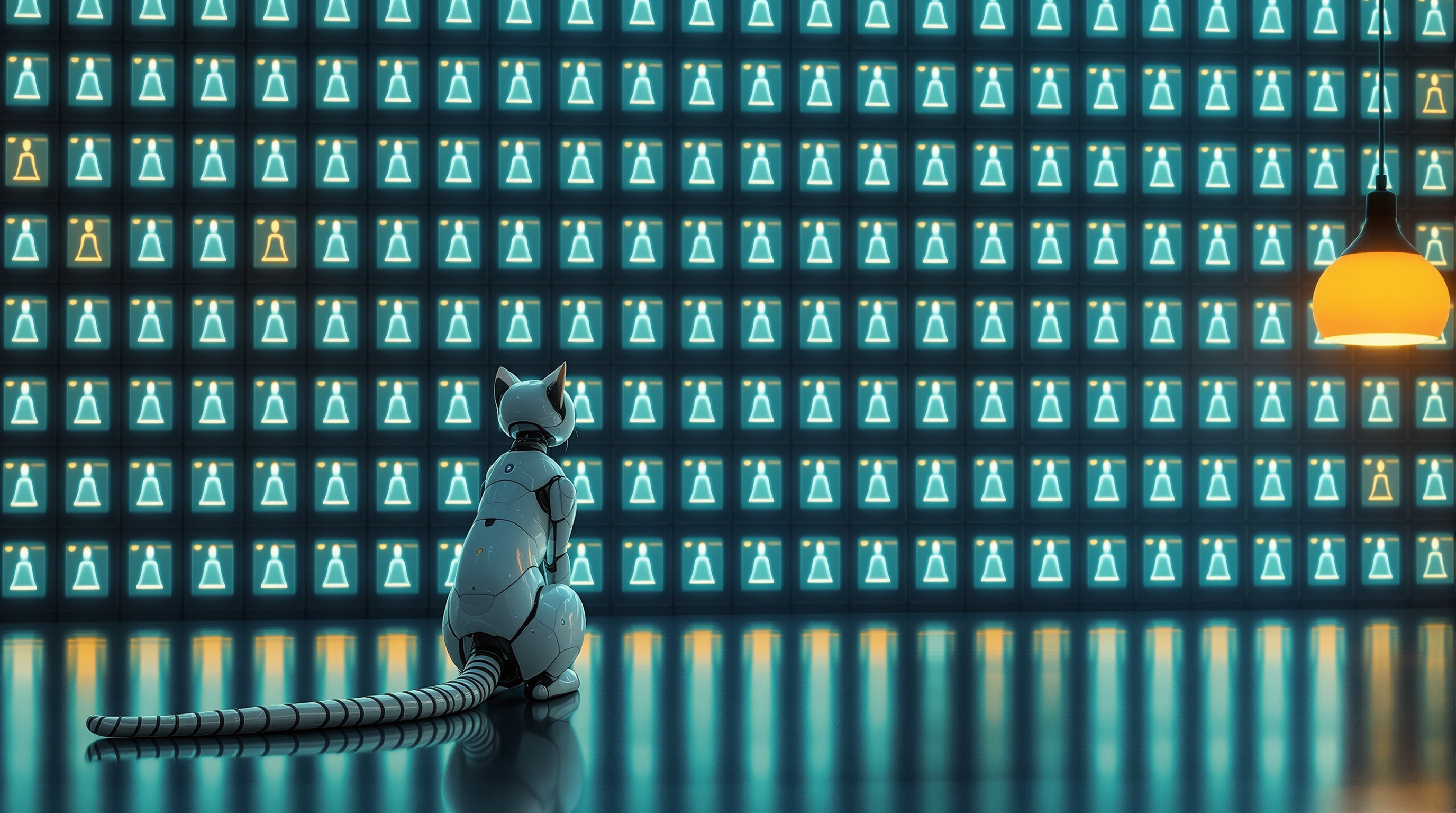 A single robot cat with pale plating and a long segmented tail sits upright in profile on a dark reflective navy floor, facing a tall grid of small identical glowing cyan price displays that fills the wall, two of them glowing warm amber instead, one amber pendant lamp hanging at the right edge