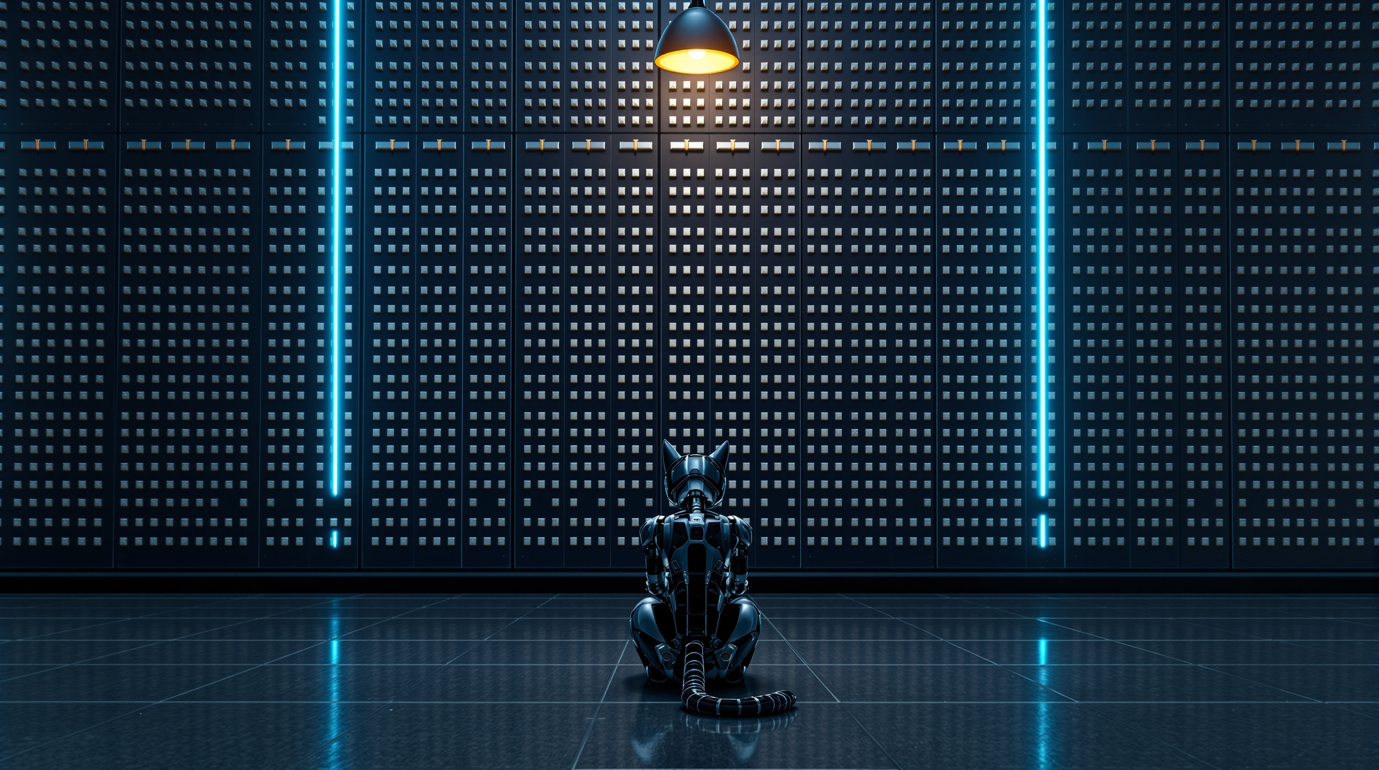 A single robot cat with dark plating and a long segmented tail sits with its back to the viewer on a dark reflective navy floor, facing a towering wall covered edge to edge in hundreds of identical small switches, two vertical cyan light strips running down the wall and one warm amber lamp hanging overhead