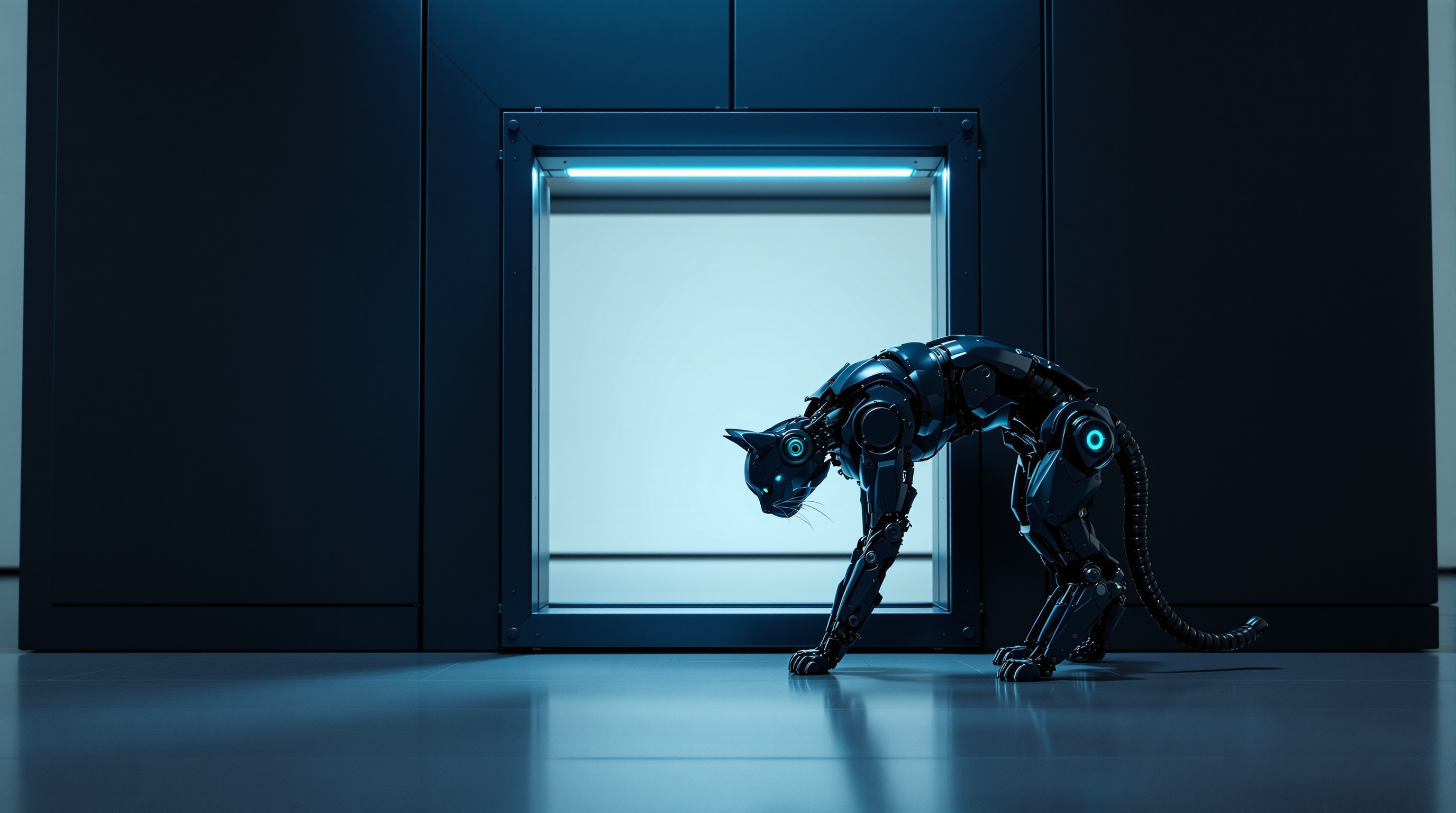 A black robot cat stands in profile on a deep navy floor with its head lowered to the ground, beside a hatch in the wall lit from inside