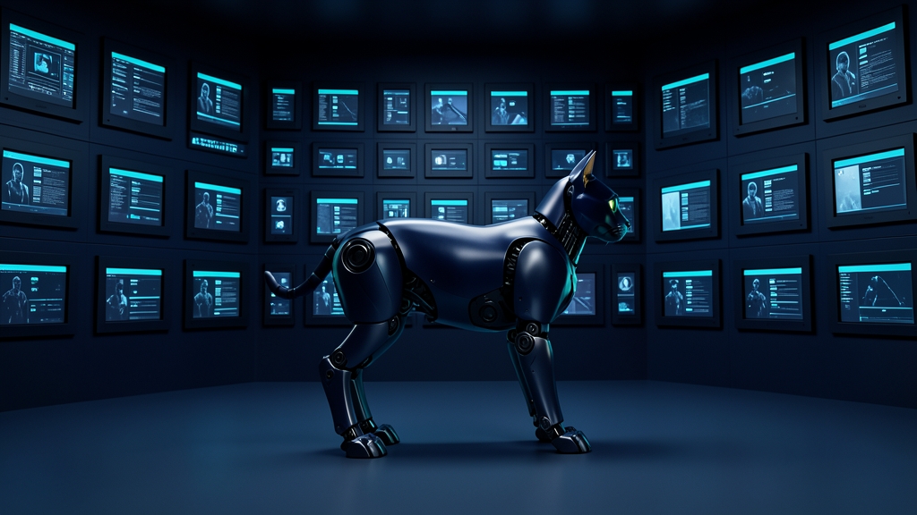 A dark navy robot cat with cyan edges in a wall of small screens that all show the same record