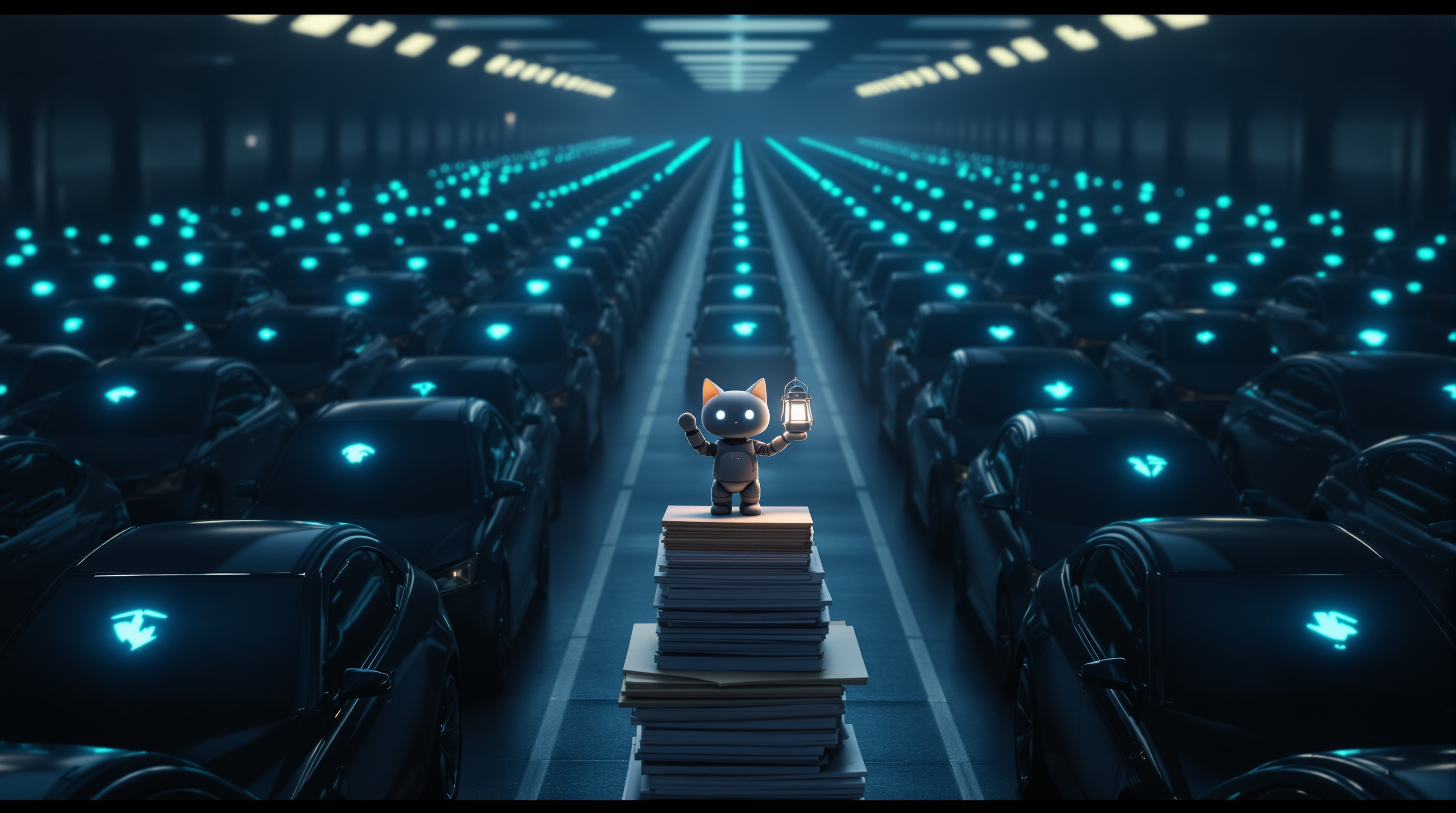 A small robot cat holding a lantern while standing on a tall stack of paper records in the aisle of a vast dark vehicle lot, rows of cars stretching into the distance with glowing cyan emblems on their hoods