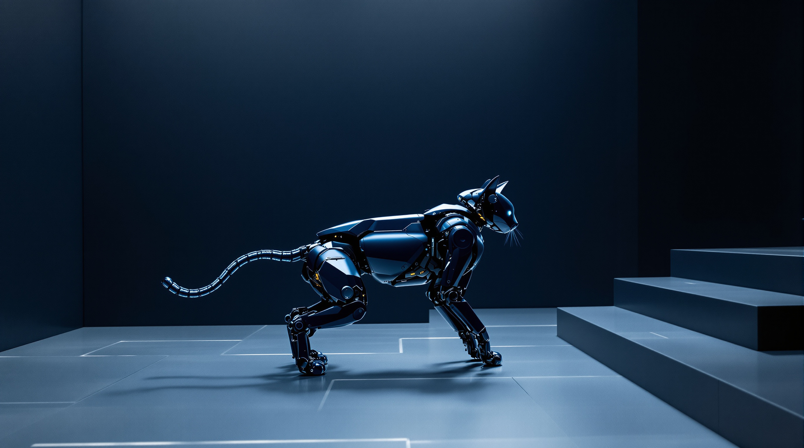 A black robot cat with cyan seams walks in profile across a deep navy floor toward a wide flight of folded steel steps rising at the right of the frame