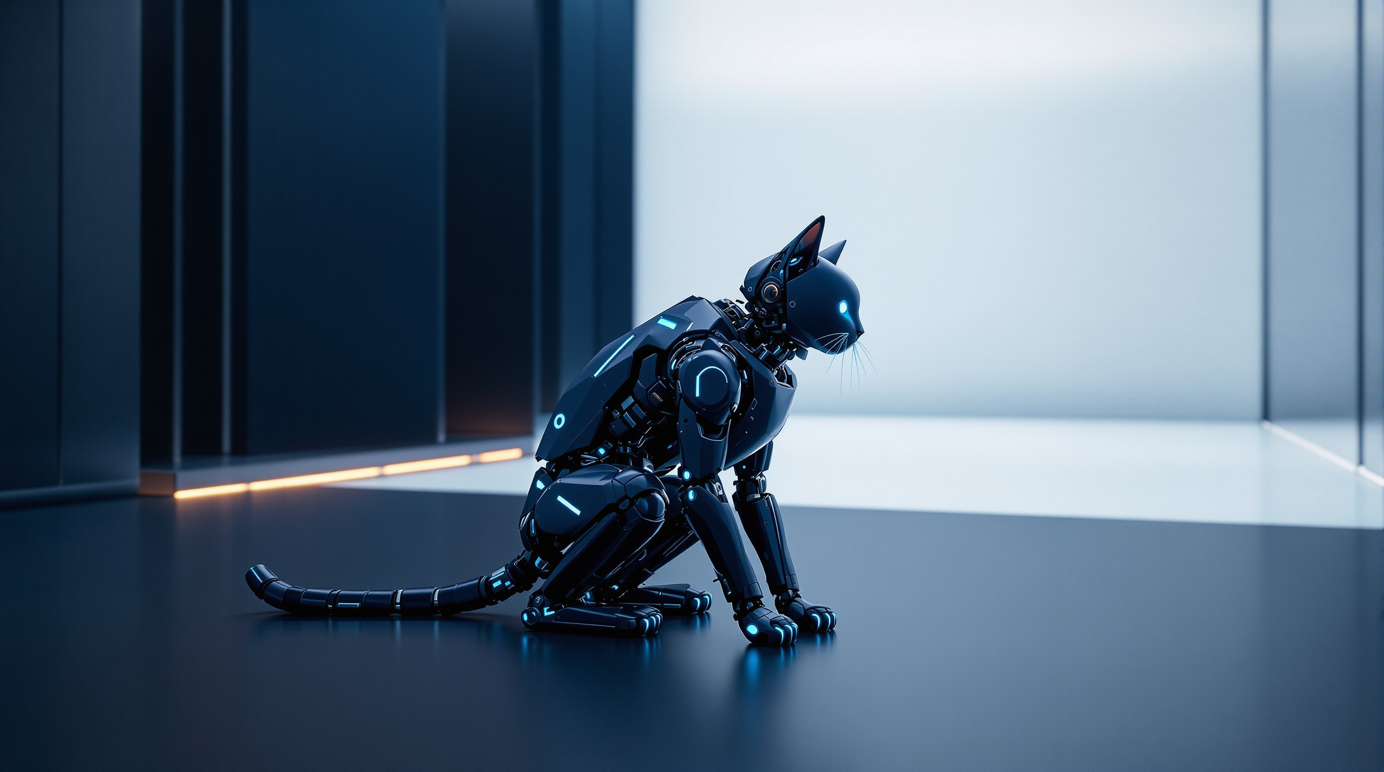 A black robot cat crouches low in profile on a dark navy floor with its head dropped, a single warm amber line running along the wall behind it