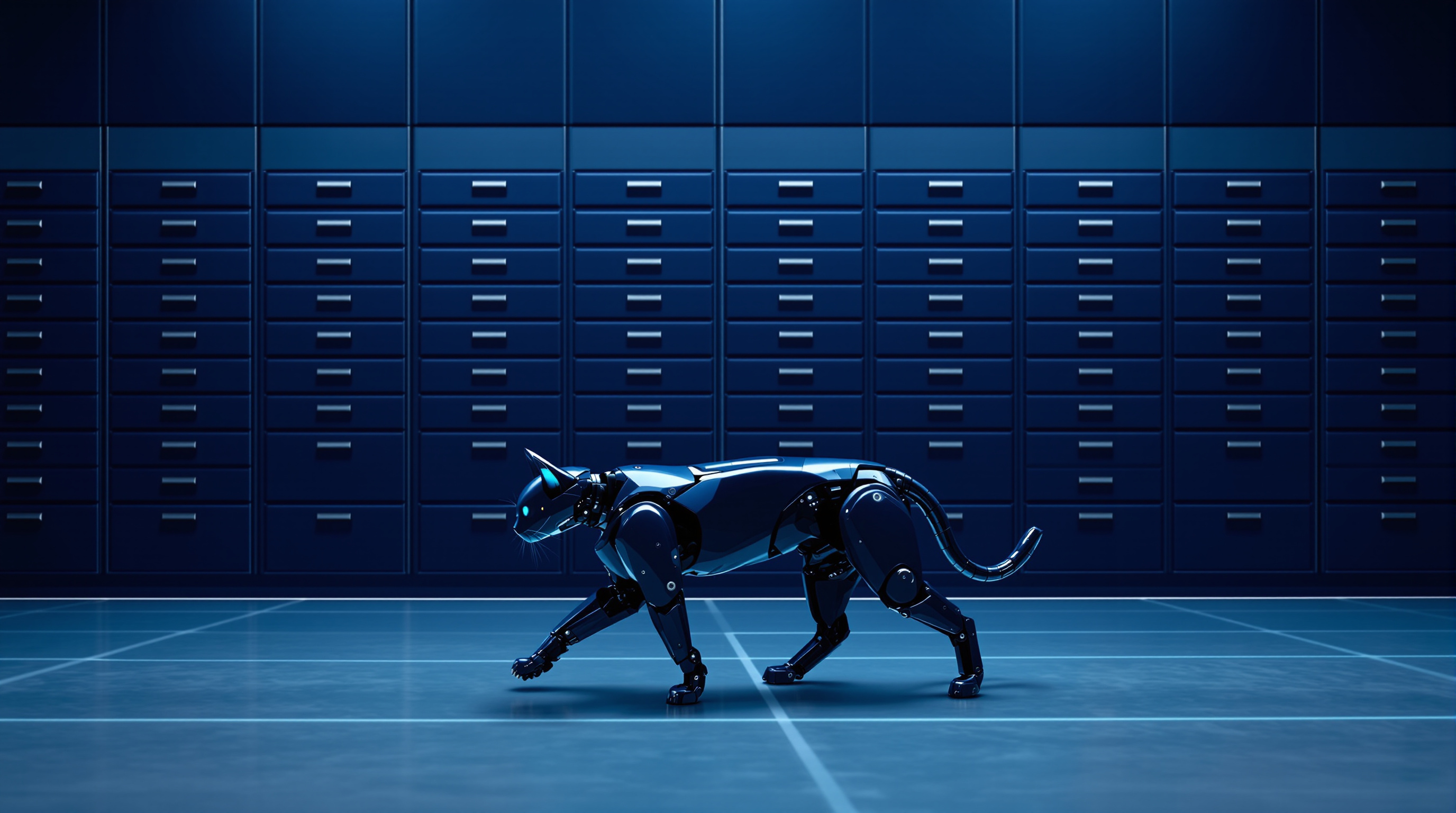 A dark navy robot cat with cyan edges in a wall of shallow steel drawers, most of them shut, a few standing open