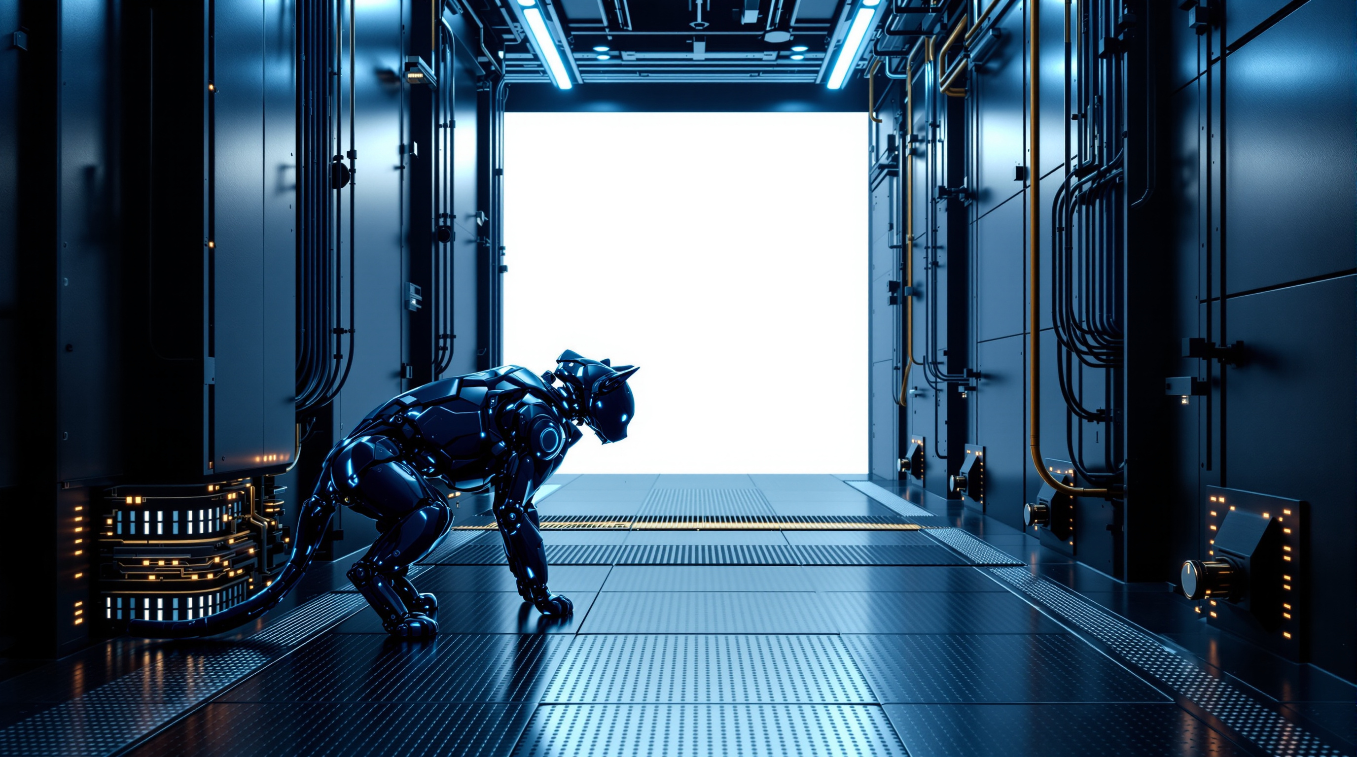A dark navy robot cat with cyan edges in a cable vault where bundled trunk lines arch out of floor ducts into a wall