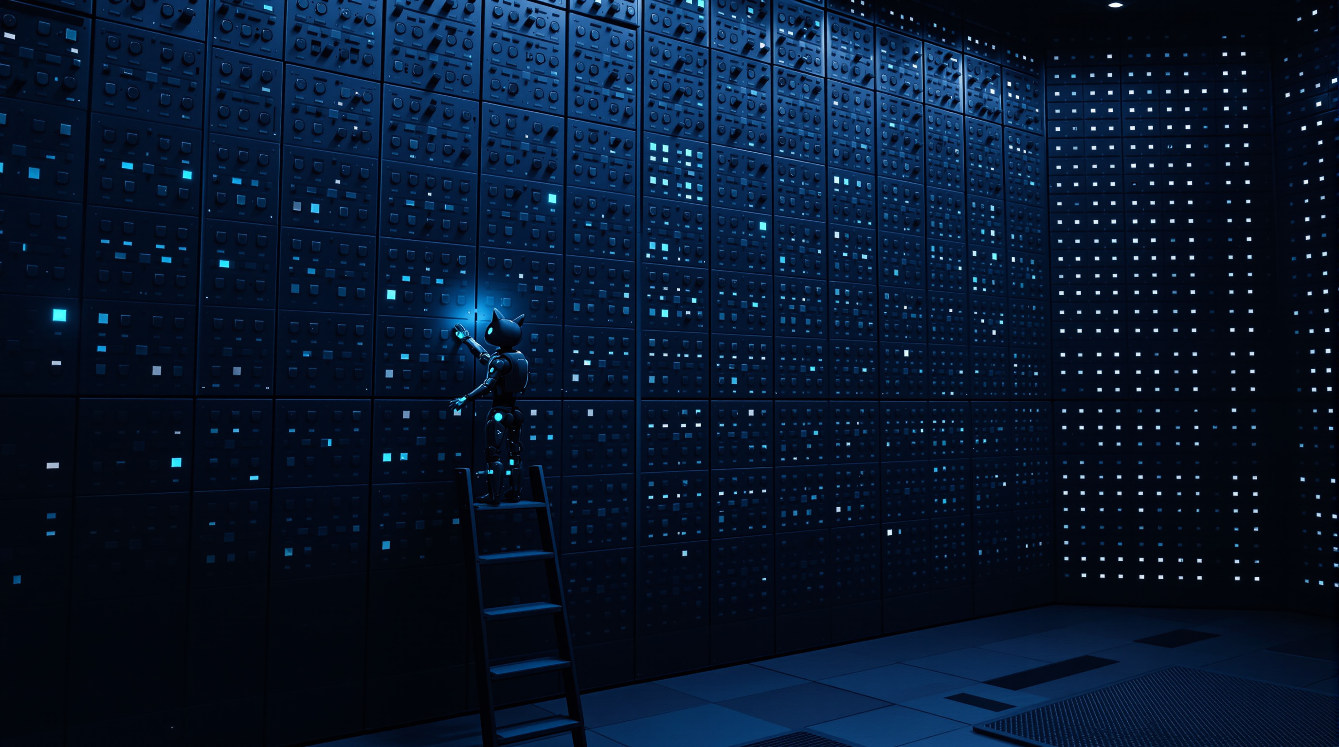 A small matte-navy robot cat near the top of a tall ladder in a vast dark control room, one paw raised to a single bright cyan light on a towering wall of panels that runs to the ceiling and around the corner, scattered with hundreds of smaller glowing indicators
