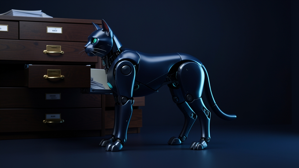 A dark navy robot cat with cyan edges in a stack of labeled filing drawers, one pulled open