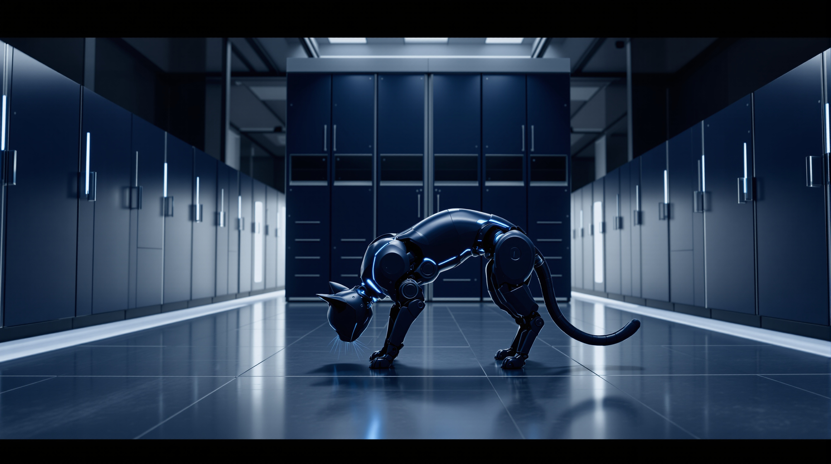 A black robot cat stands in profile in a navy corridor between two runs of tall lockers, its head lowered almost to the floor